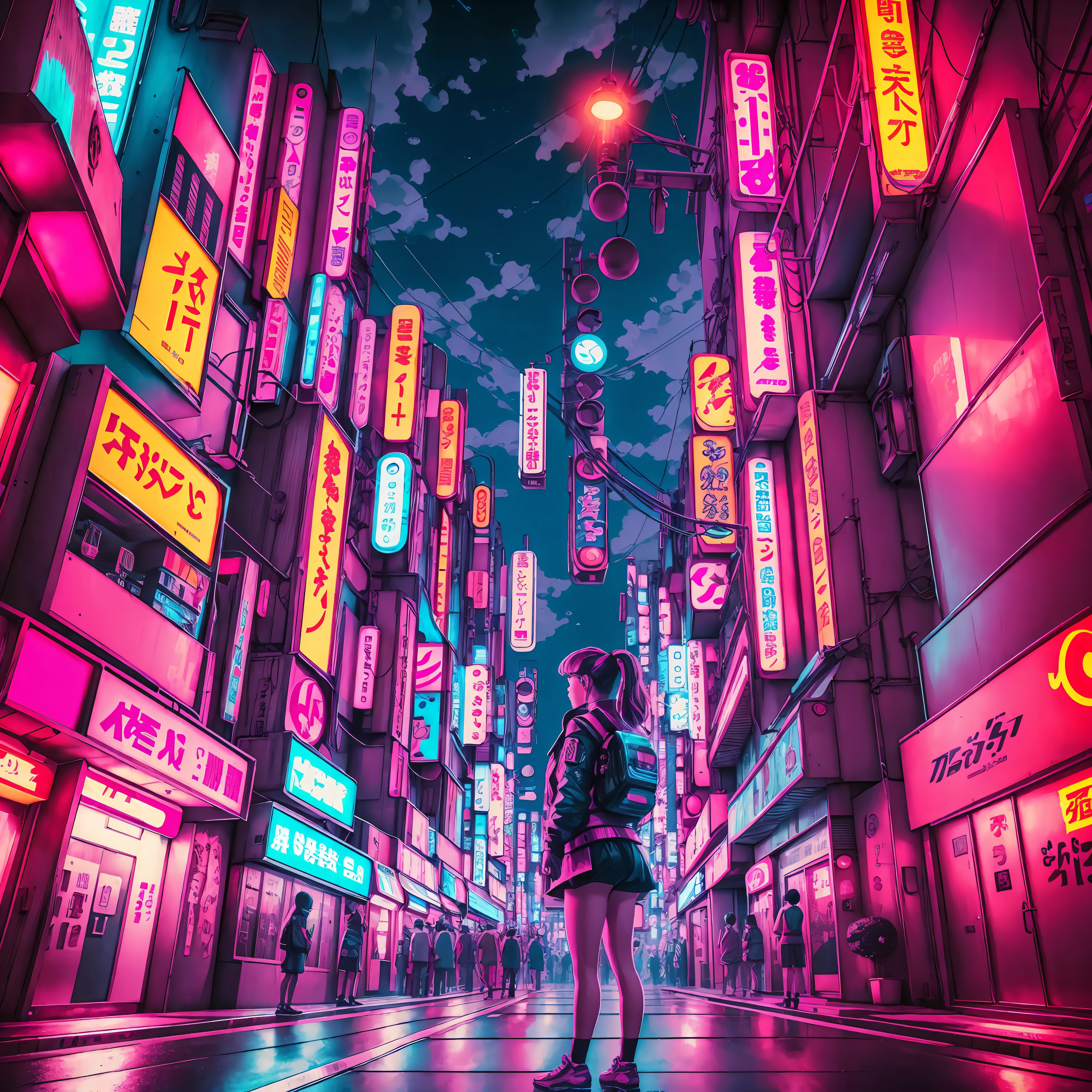 Tokyo retro, 80's, a girl standing looking up, cyberpunk, very neon, Volumetric Lighting, ultra-detailed, 8k, wallpaper --auto --s2