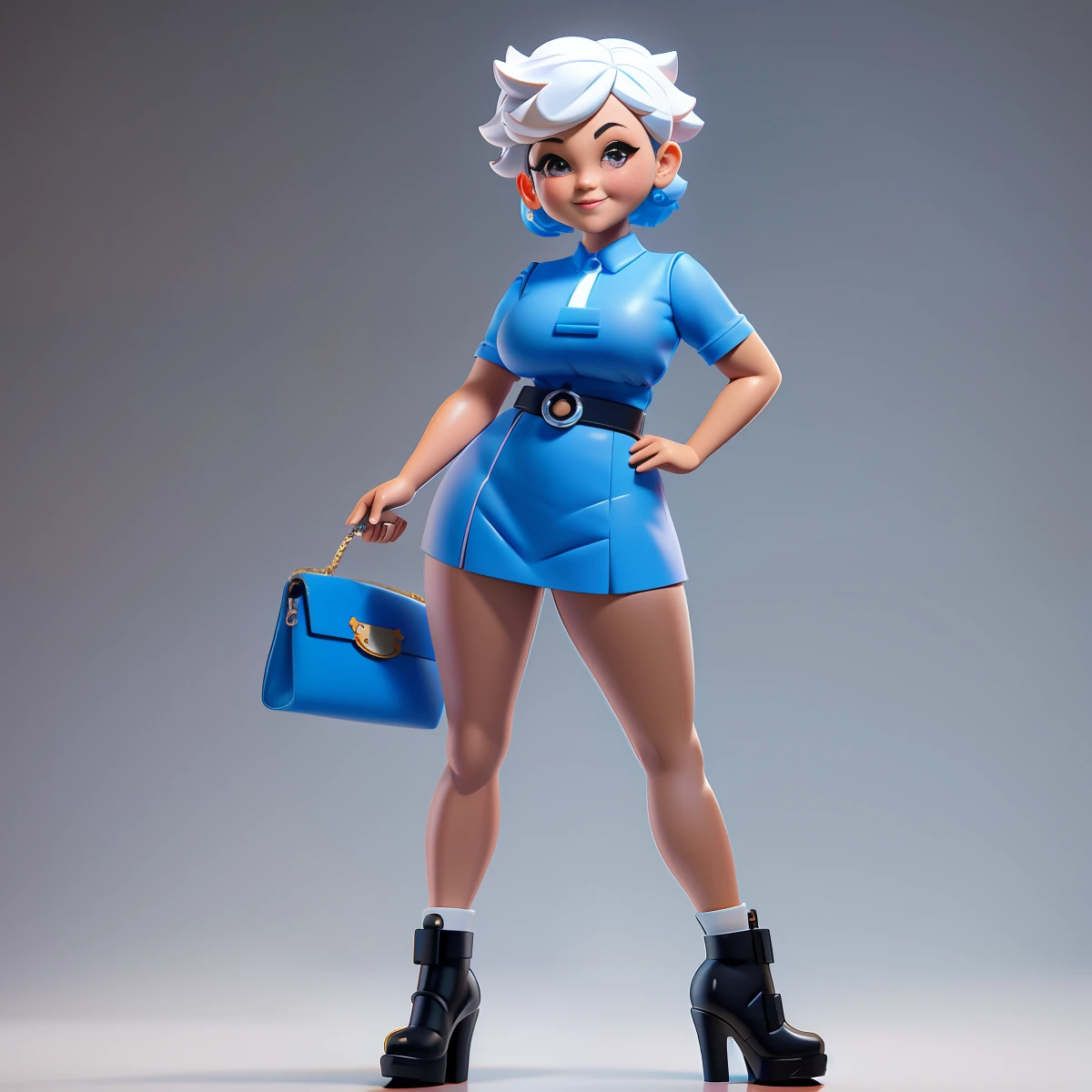 a close up of a cartoon character, Cute small humanoid Fashion HongKong old lady, professional manager, 54-years-old, black straight short hair, big breast, passionate,beauty, smile with very deep dimples,tall, fit, Sexy,Wearing blue short T-shirt and white miniskirt , Wearing super high heels shoes, holding a hermes bag,Toy figures,(full body view), blank white backgroud, best quality, 3d cartoon,full body view, studio lighting,fantasy, dreamlike, surrealism, super cute, render of a cute 3d anime girl, cute 3 d render, 3 d render stylized, 3 d character, 3d character, 3 d character render, toon render keyshot, highly detailed character, cartoon character, cute cartoon character, female explorer mini cute girl, stylized 3d render,full body view, fantasy, dreamlike, surrealism, super cute,masterpiece,best quality, trending on artstation,cute 3 d render, 3 d render stylized, 3 d character, 3d character, 3 d character render, toon render keyshot, highly detailed character, cartoon character, cute cartoon character,