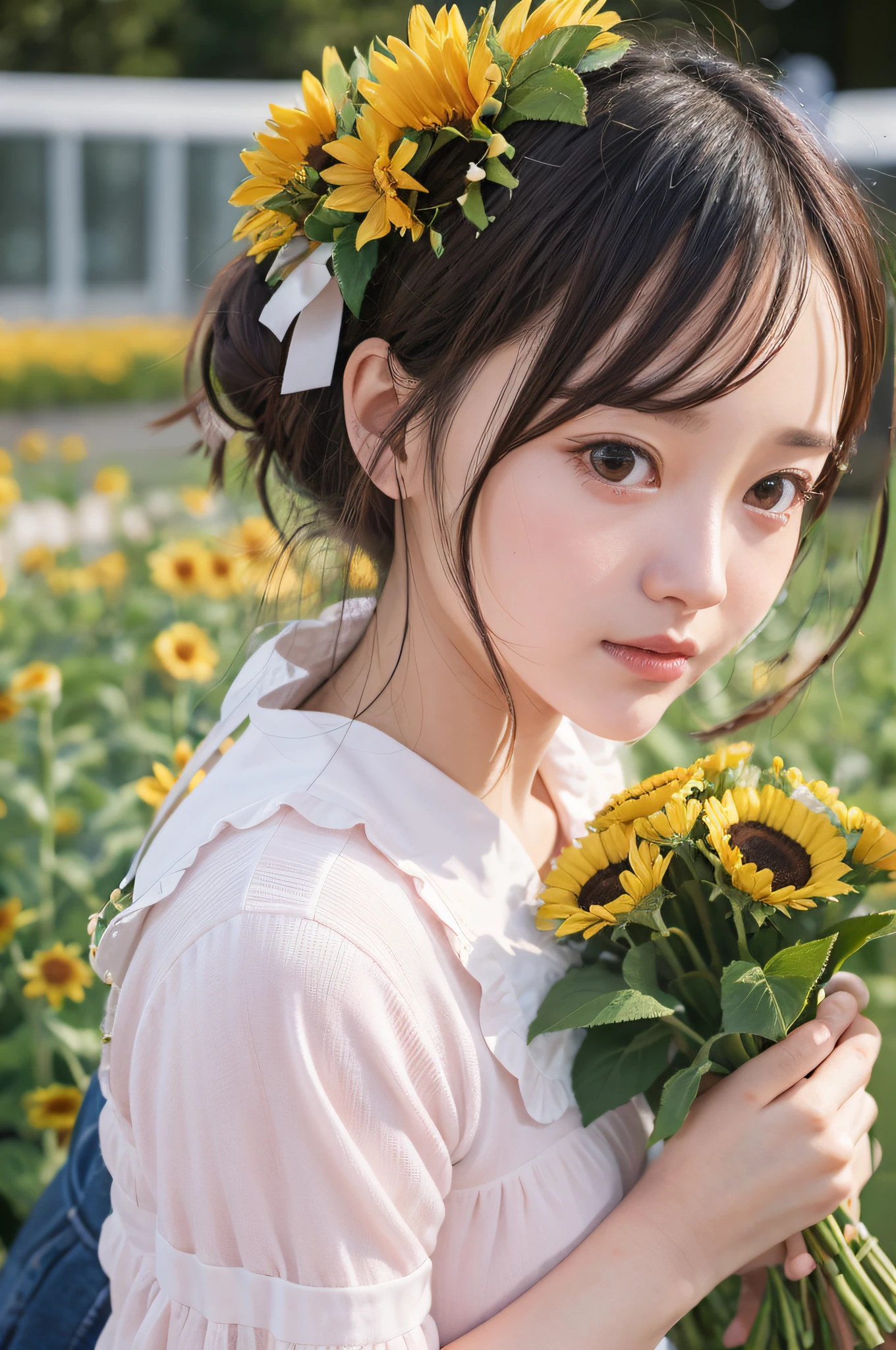 Double ball head, pink dress, bow, flowers,