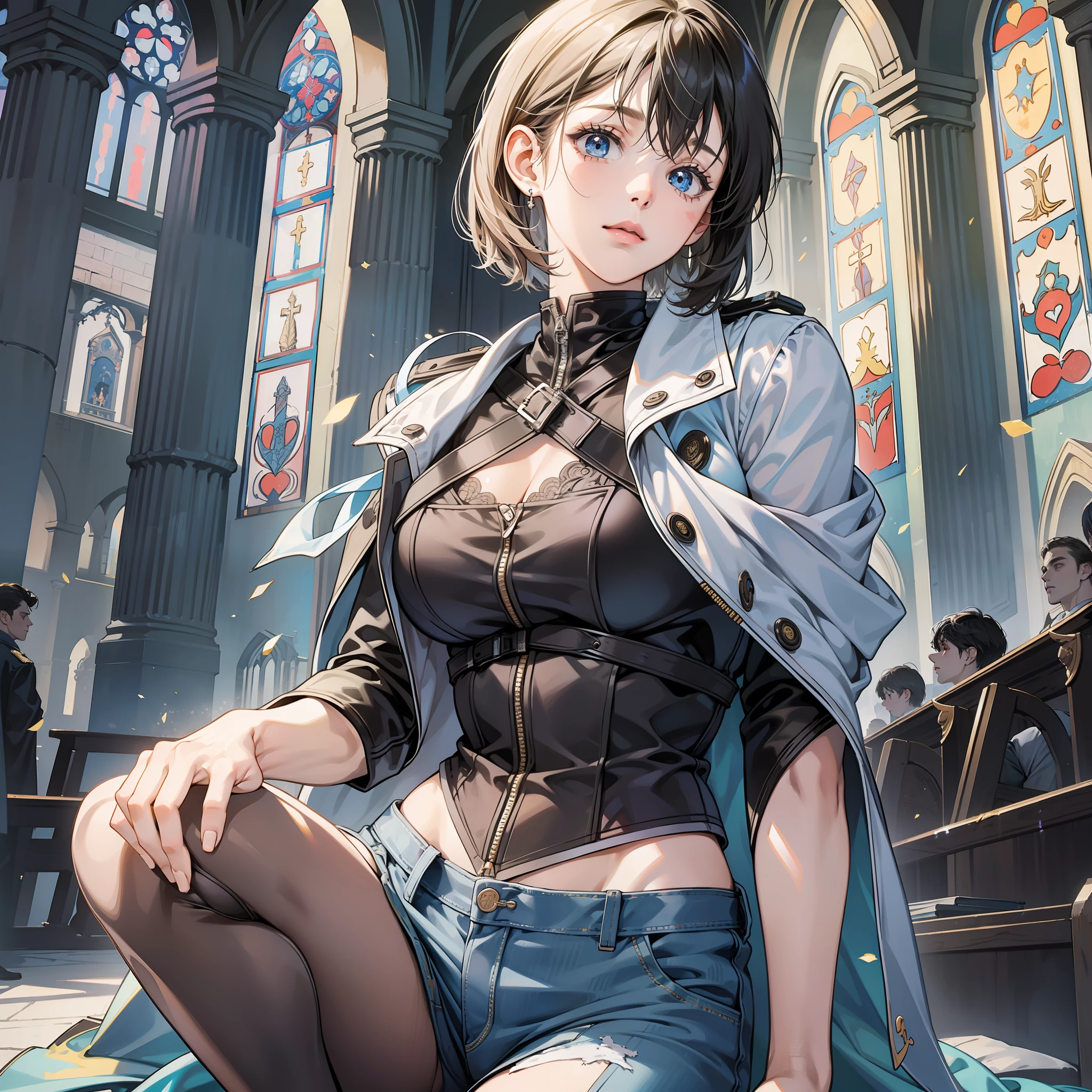 Detailed body, top quality, cool girl, church, big, crisp eyes, shy face, short hair, official art,