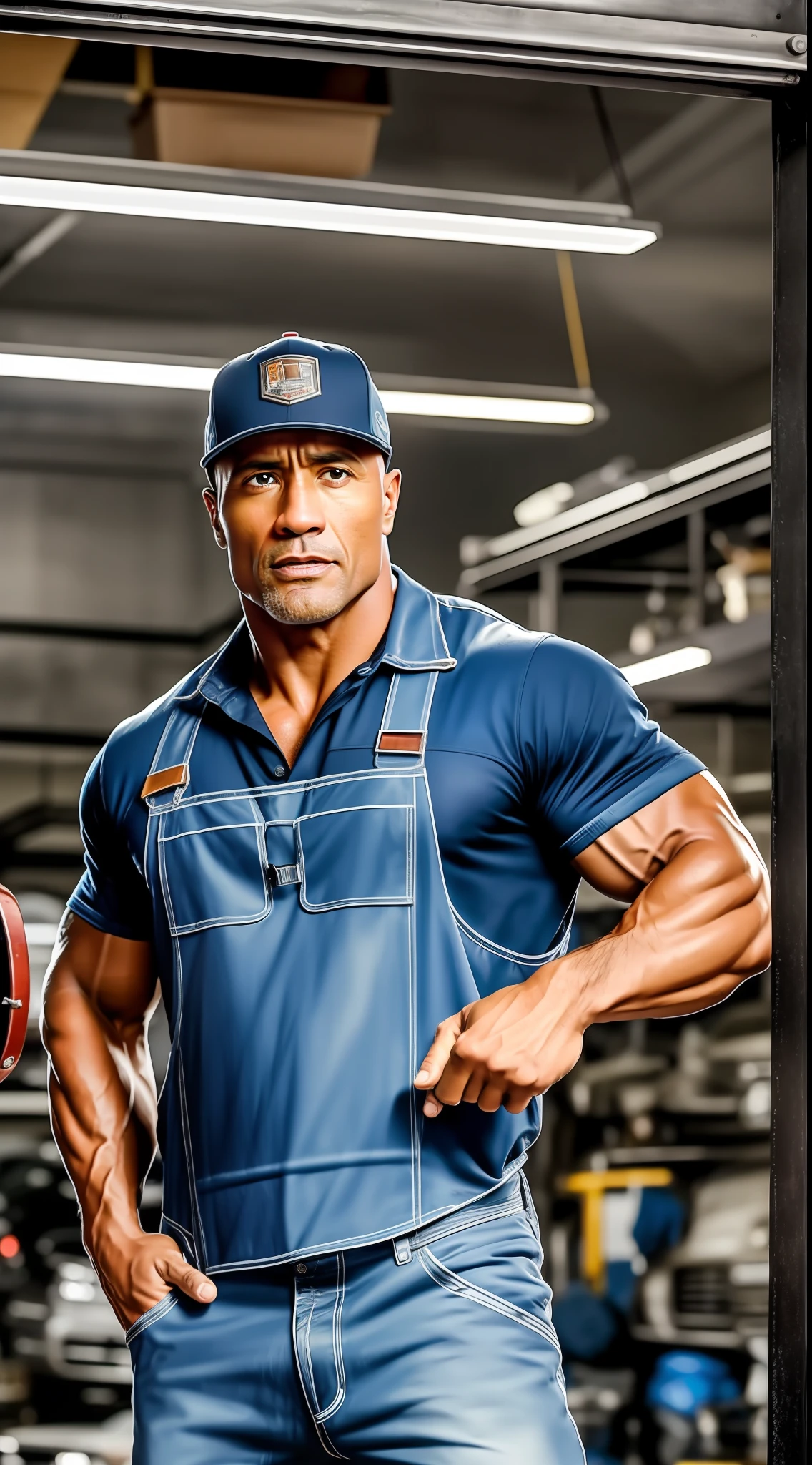 (Best quality, 8k, 32k, masterpiece, UHD: 1.2), Actor The Rock working as a mechanic in a busy automotive workshop, surrounded by cars lifted in elevators, tools in his hands and grease-stained clothes, imparting skill and technical knowledge, Photography, realistic