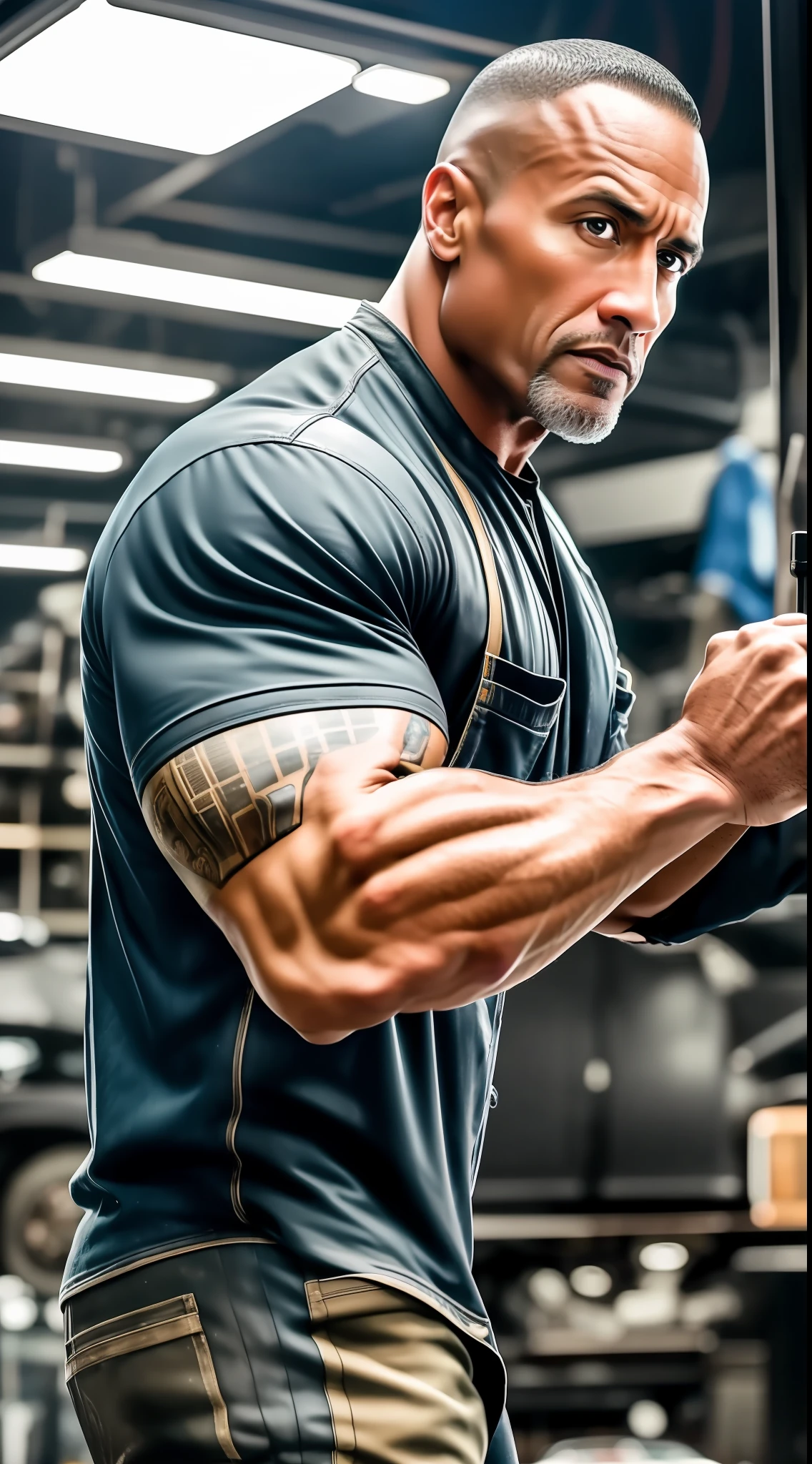 (Best quality, 8k, 32k, masterpiece, UHD: 1.2), Actor The Rock working as a mechanic in a busy automotive workshop, surrounded by cars lifted in elevators, tools in his hands and grease-stained clothes, imparting skill and technical knowledge, Photography, realistic