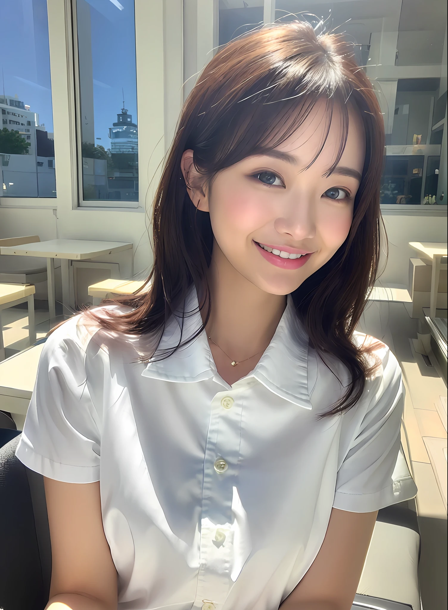 Smile, daytime, white shirt