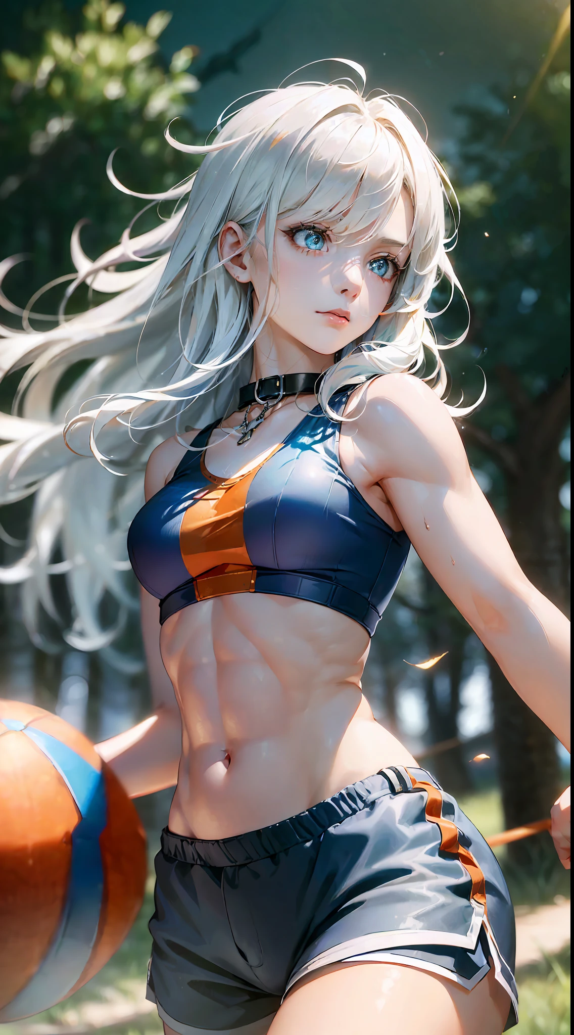 dynamic pose, (white hair with highlights:1.2),(8k, best quality, masterpiece:1.2), (realistic, photo-realistic:1.37), ultra-detailed,best quality, ultra high res, professional lighting, photon mapping, radiosity, physically-based rendering, cinematic lighting, basketball court,depth of field, sharp focus,sunbeam, good composition,(bokeh:1.2) 1girl,solo,(full body), (closed mouth),beautiful detailed eyes, pose, narrow waist,basketball uniform, black hair,messy hair,long hair floating in wind,(ulzzang-6500:1.2) mix4, hiqcgbody,((ultra-detailed)),(best illumination, best shadow, an extremely delicate and beautiful),(extremely detailed CG unity 8k wallpaper,masterpiece, best quality, ultra-detailed),(best illumination, best shadow, an extremely delicate and beautiful),floating, [(dynamic angle,((1girl)):1.2,(blue:1.3+orange) scales:1.2+fire:1.3),(long blue hair:1.2+llong orange hair:1.3),red eyes,dynamic pose,(pretty girl),scaly white armor,sharp claws,snarling,aggressive look):0.75], ((medium chest, tomboy, small head)), (cut abs: 1.1), (perfect body: 1.1), (short wavy hair: 1.2), auburn hair, collar, chain, full body, workout , sweat,((shorts)), (extremely detailed CG 8k wallpaper), (extremely delicate and beautiful), (masterpiece), (best quality: 1.0), (ultra high resolution: 1.0), beautiful lighting, perfect lightning, realistic shadows, [high resolution], detailed skin, super detailed (((colorful)))