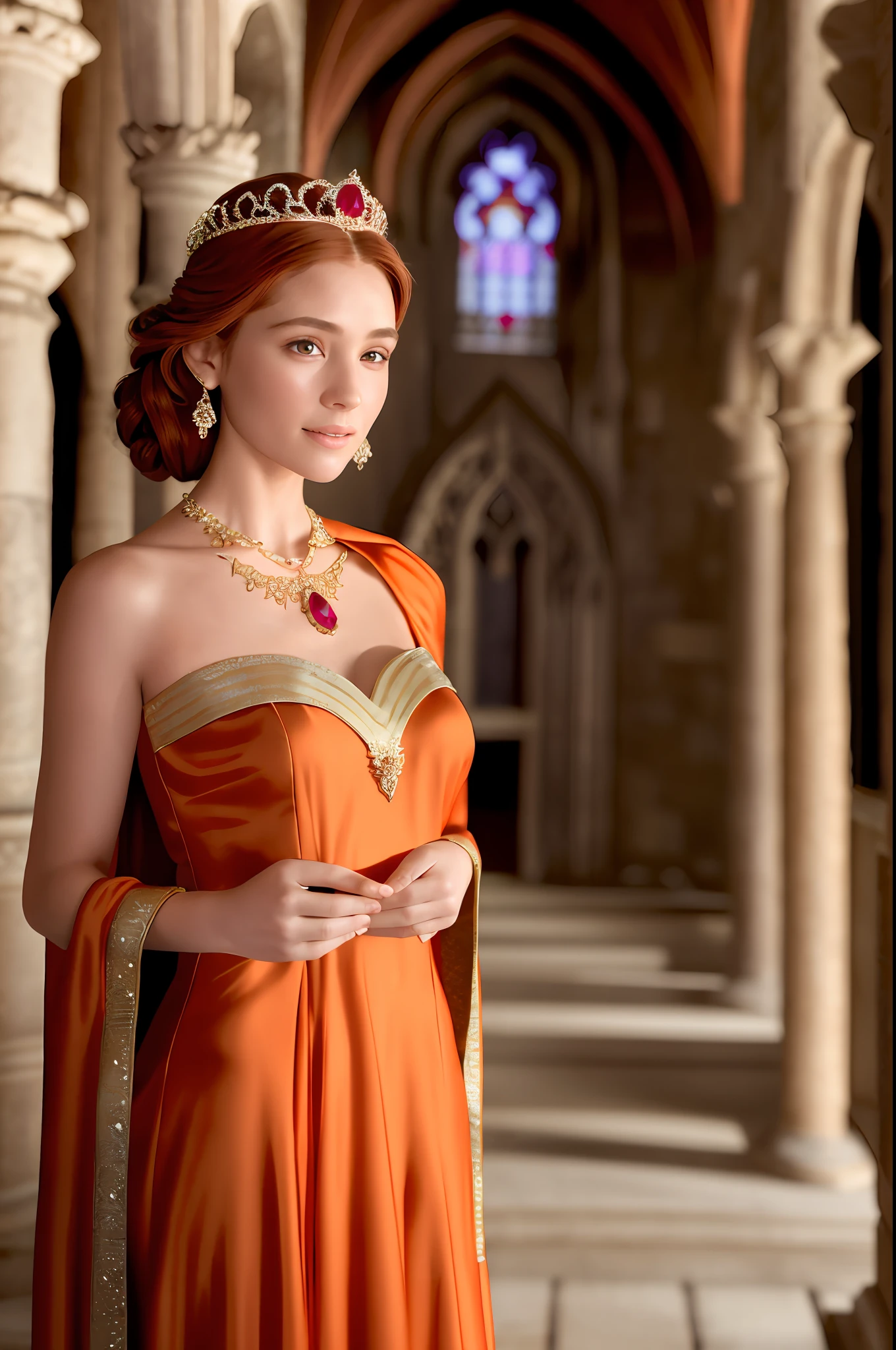 masterpiece, (photorealistic:1.4), best quality, beautiful lighting, medieval chapel, indoors, upper body, 1 girl, natural beautiful female, slender woman, noble queen of sun, blushing face, smiling, chignon ginger hair, detailed, intricate, RAW photo, 8k uhd, film grain,
intricate detail formal dress, orange lace dress,
flapping cloak, extremely detailed gorgeous ruby tiara, ruby necklace
