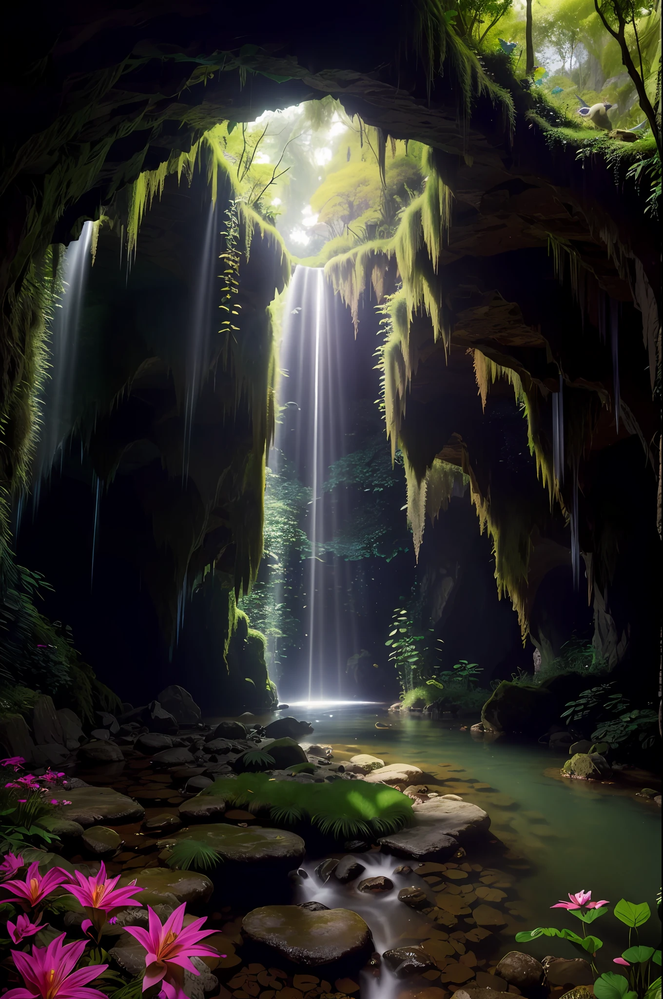 POV, Wide Angle, (Beautiful Lush Underworld, Streams, Underground Castles), (Caves), Fantasy, Natural Sunlight from Magic Spheres, Ray Tracing, Tyndall Light, ((Volume Light 1.2)), Vivid Colors, (Very Detailed, Fine Detail, Intricate), Sony Alpha 7R V, 24mm Ultra Wide Lens, 8K Resolution, Award Winning Photo