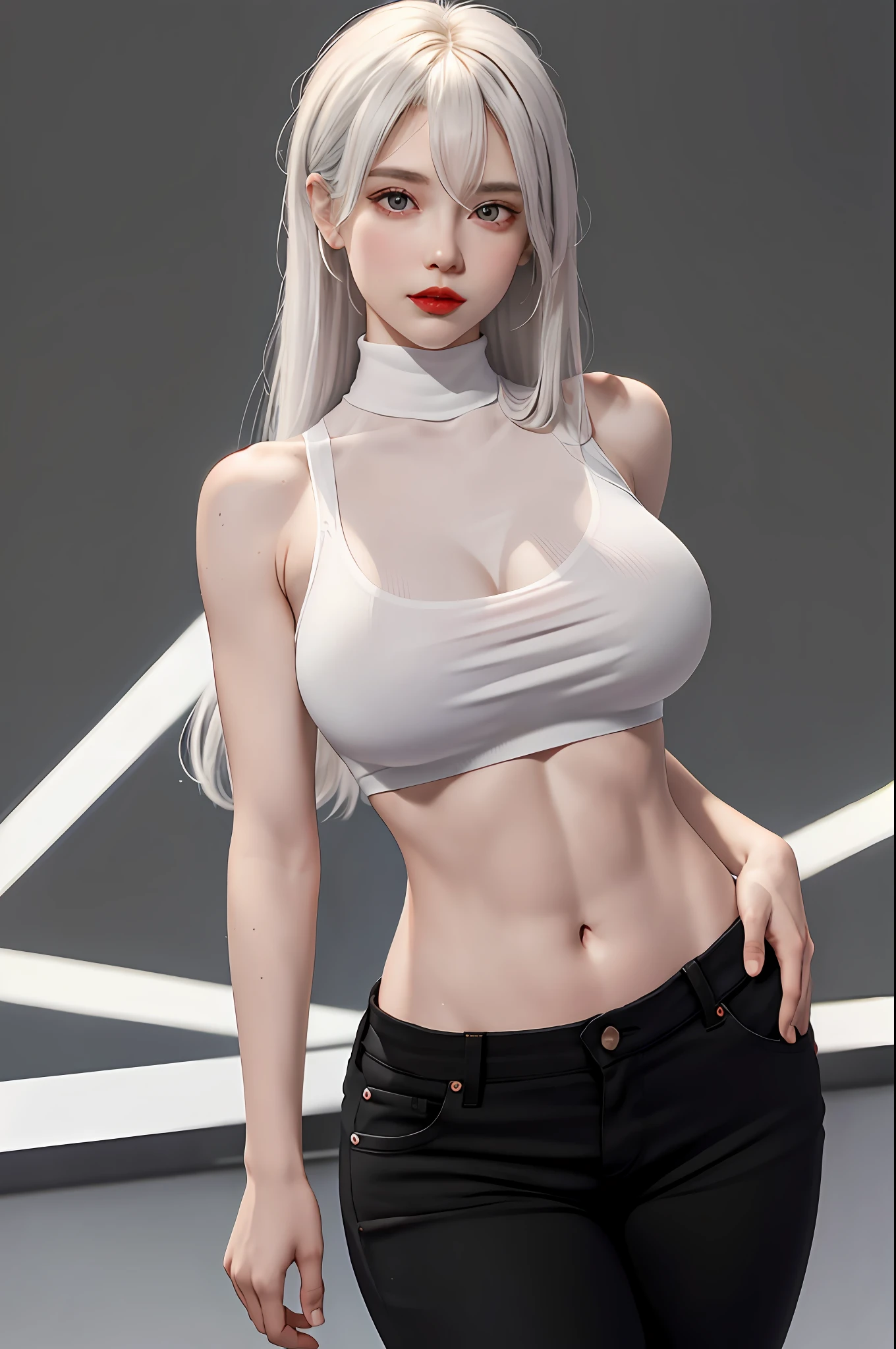 Girls, Bangs, Bare Shoulders, Black Pants, Breasts, Breasts squeezed together, Grey background, Hair between the eyes, Huge breasts, Long hair, View Viewer, Pants, Parted lips, Red eyes, Shirt, Simple background, Sleeveless, Sleeveless shirt, Solo, Turtleneck, V arm, White hair,(Shiny skin),(Masterpiece:1.4),(Best quality:1.4),,Facigirl,Red lips,Perfect abs, Navel, (nipple: 1.5), (sheer areola), nipple, huge, sweat, whole body