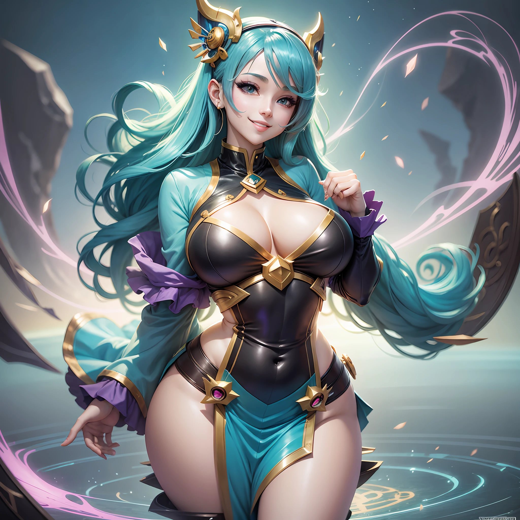 Anime style,(sona character) (league of legends), happy smile, blurred landscape background, curvy body, large breasts, focus on breasts, short clothing, perfect body, detailed face, focus on face, focus on body,