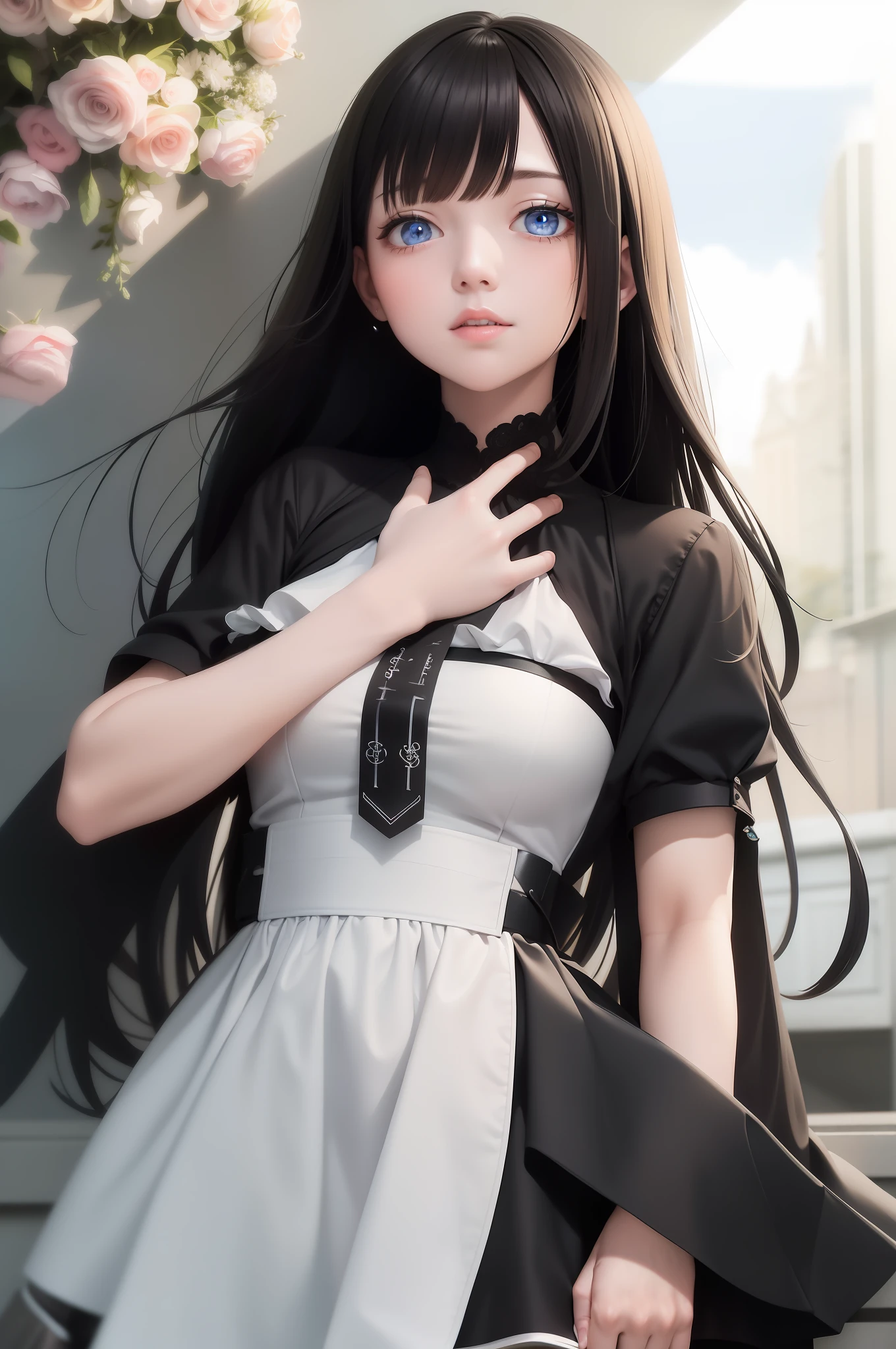 best quality, masterpiece, black hair, blue eyes, looking up, upper body