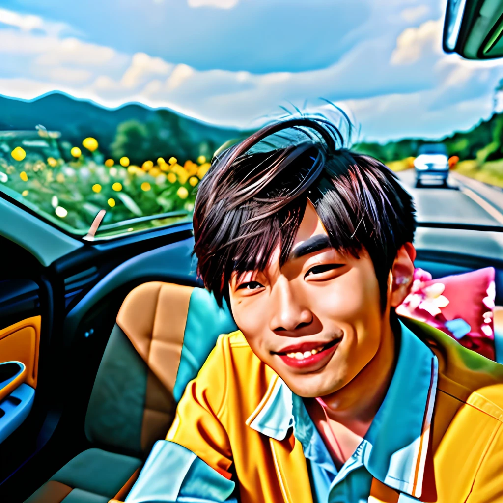 18 year old handsome Korean male
model sat in the car, smiling, surrounded by flowers, art by Rinko kawauchi, in the style of naturalisticposes, low angle, youthful energy, bodyextentions, analog film, super detail, dreamy lofiphotography, colourful, volumetric lighting, shoton kodachrome, shot on fujifilm
XT4, rich in detail8k ar 3:4 --s 750