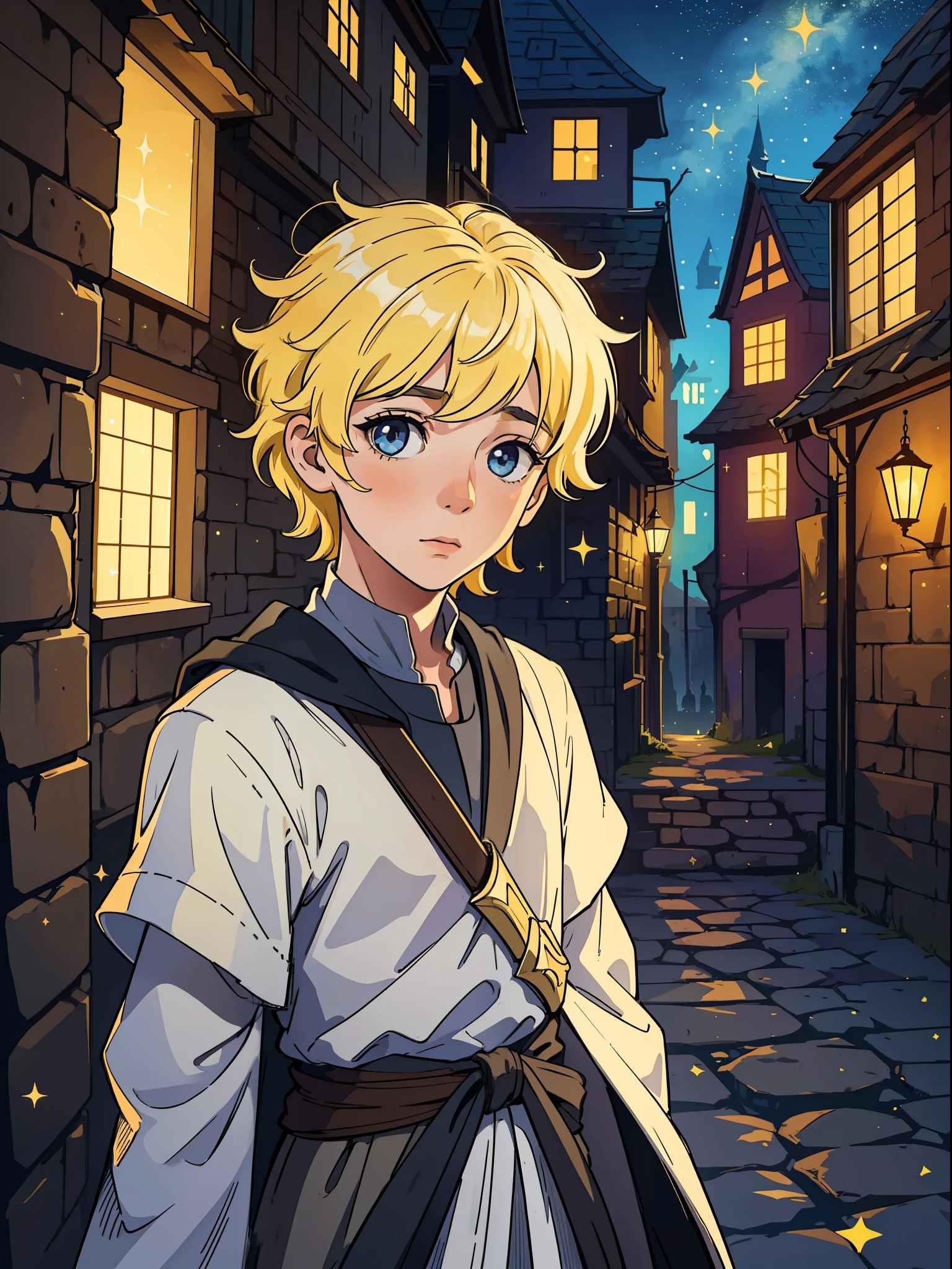 A young boy, a child, a boy with yellow blond bollards and a sweet and pure look, he wears simple medieval clothes, he is a wizard, support for a medieval RPG, he has a sweet, pure and hopeful look. Portray his sweetness and emotions make a dramatic and expressive art put this boy in a dark and gloomy village with predominant black and gray colors a dangerous periphery of a medieval village in the background capriche in the shadows and contrates, fill and decorate this art with greenish magical lights sparkles of magic stars in the sky, this boy uses magic to heal and protect people he is good and pure