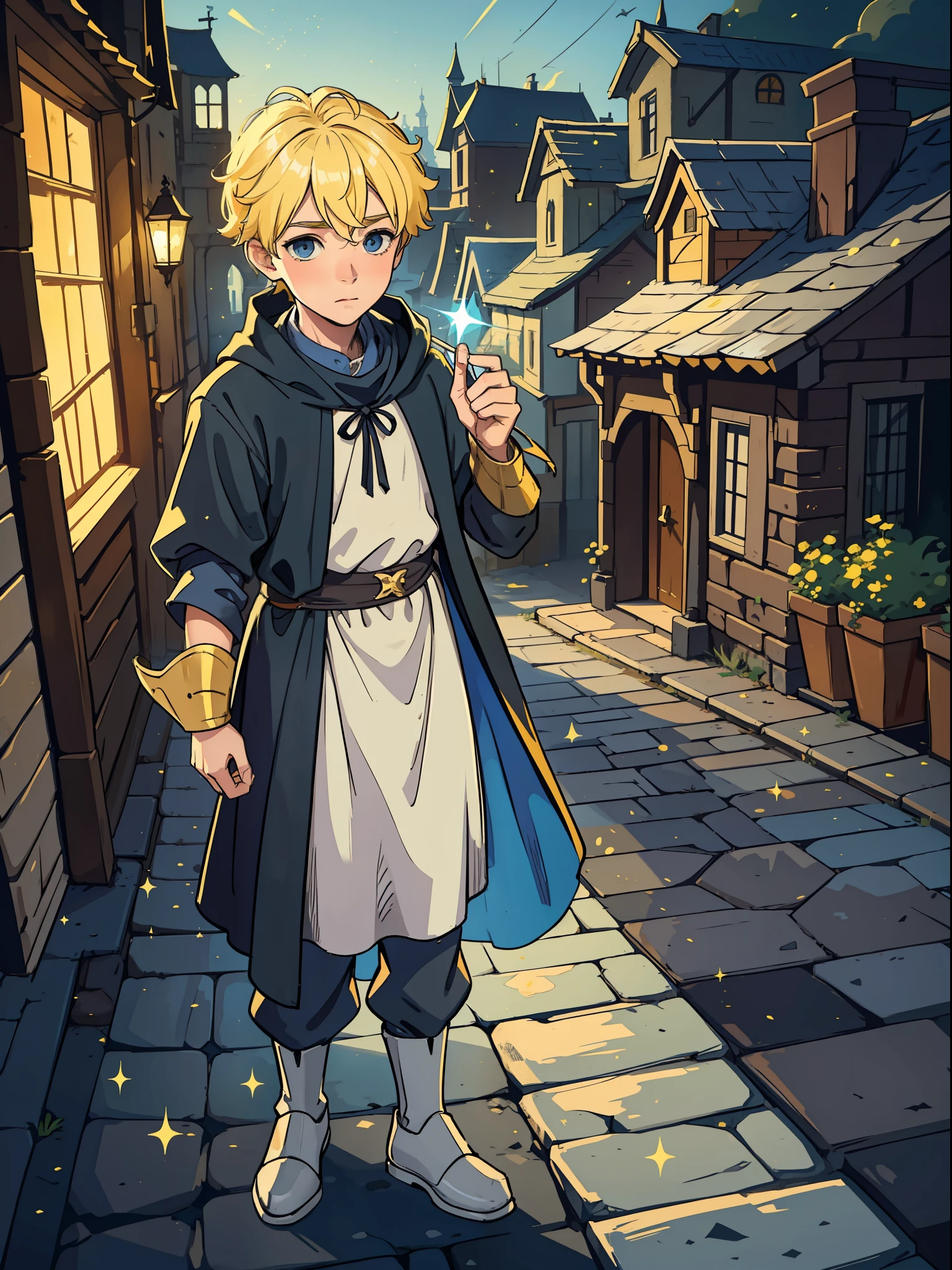 A young boy, a child, a boy with yellow blond bollards and a sweet and pure look, he wears simple medieval clothes, he is a wizard, support for a medieval RPG, he has a sweet, pure and hopeful look. Portray his sweetness and emotions make a dramatic and expressive art put this boy in a dark and gloomy village with predominant black and gray colors a dangerous periphery of a medieval village in the background capriche in the shadows and contrates, fill and decorate this art with greenish magical lights sparkles of magic stars in the sky, this boy uses magic to heal and protect people he is good and pure