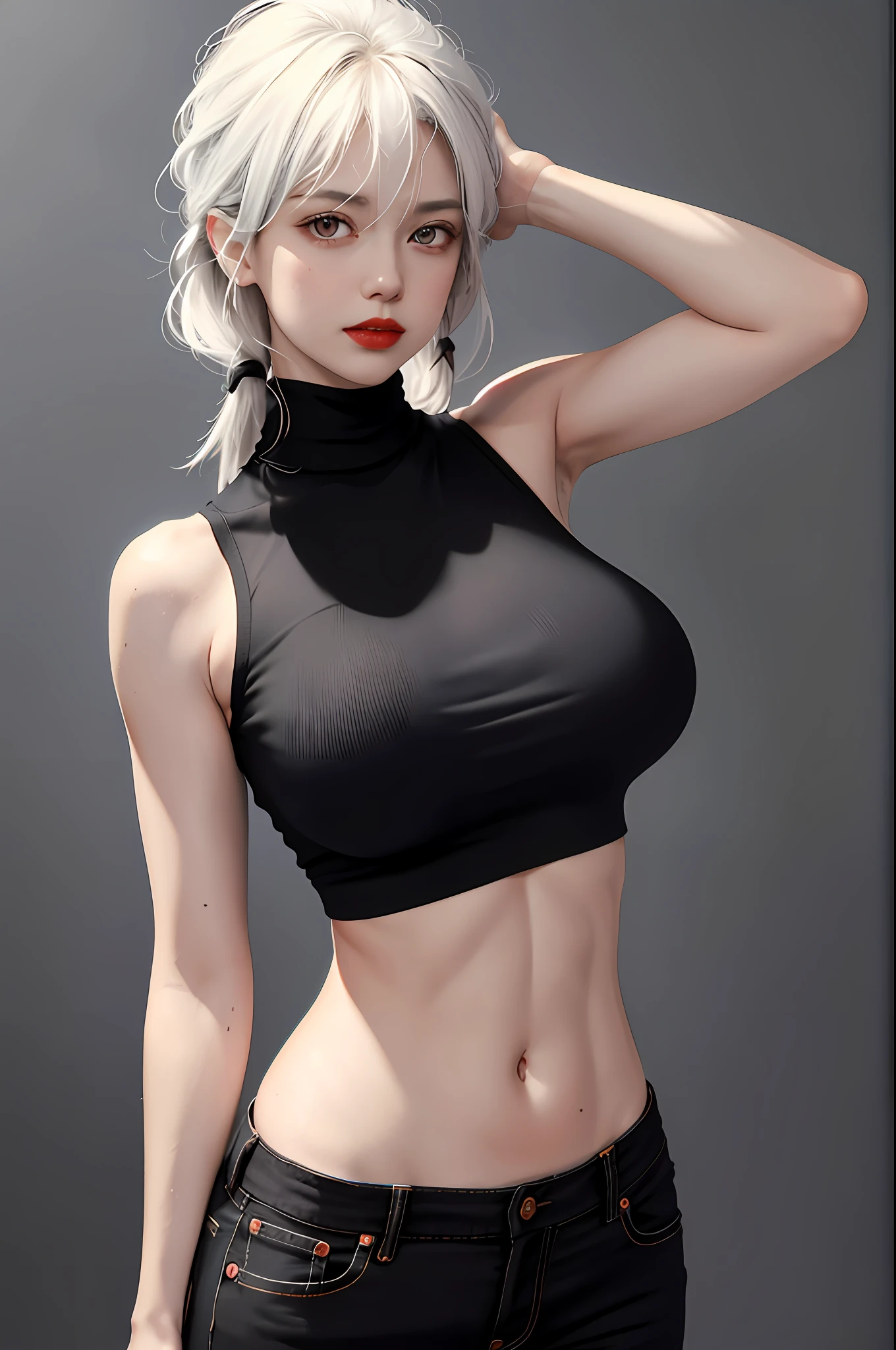 Girls, Bangs, Bare Shoulders, Black Pants, Breasts, Breasts squeezed together, Grey background, Hair between the eyes, Huge breasts, Long hair, View Viewer, Pants, Parted lips, Red eyes, Shirt, Simple background, Sleeveless, Sleeveless shirt, Solo, Turtleneck, V arm, White hair,(Shiny skin),(Masterpiece:1.4),(Best quality:1.4),,Facigirl,Red lips,Perfect abs, Navel, (nipple: 1.5), (sheer areola), nipple, huge, sweat, whole body