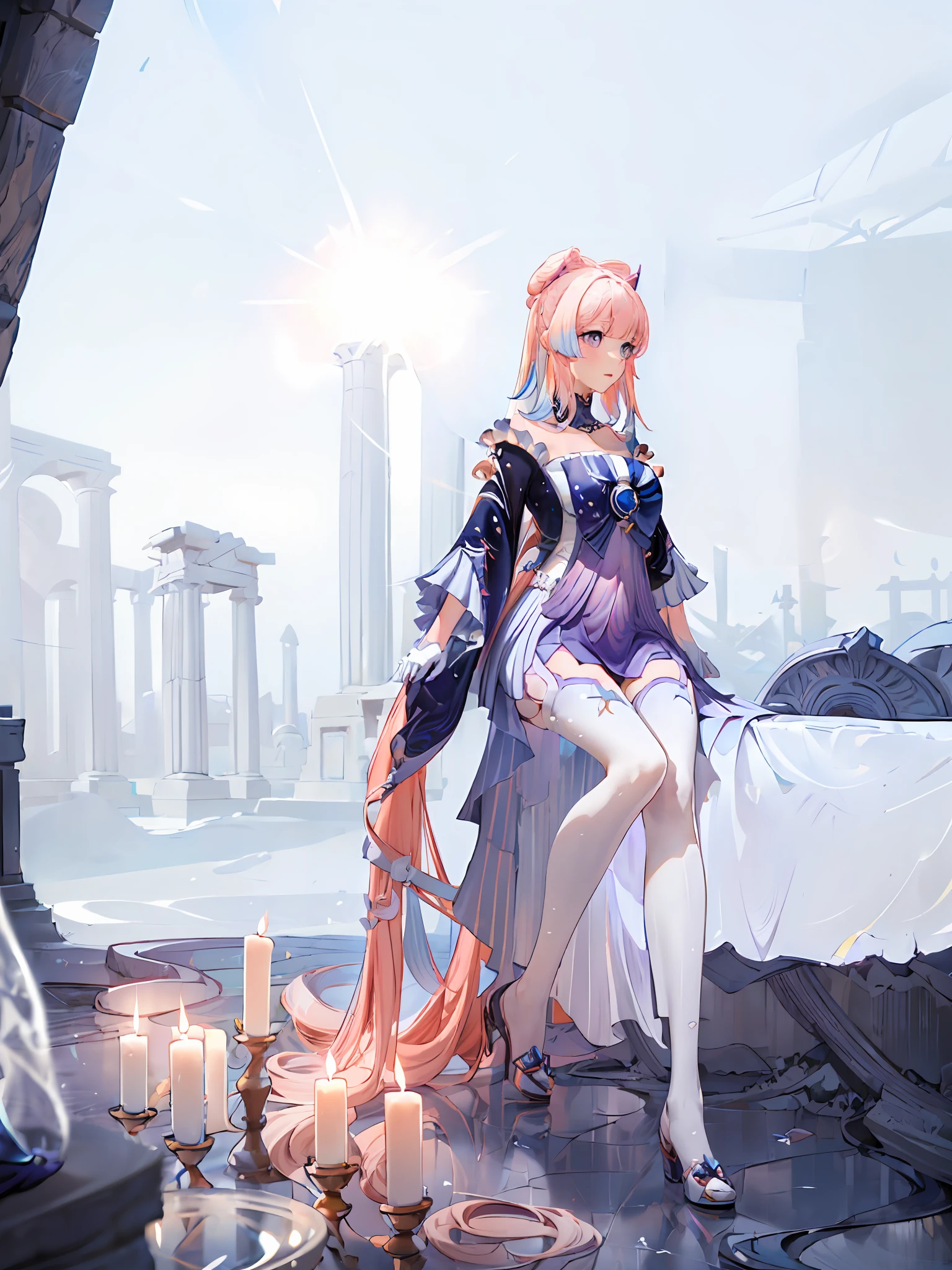 ((masterpiece,best quality)),(negative space:1.4),(1girl, solo:1.4),beautiful detailed eyes,floating pastel pink hair, breasts,long hair, long white stockings, white gloves, ancient ruins, columns, greek architecture, rays of light, stairs with candles, candles everywhere