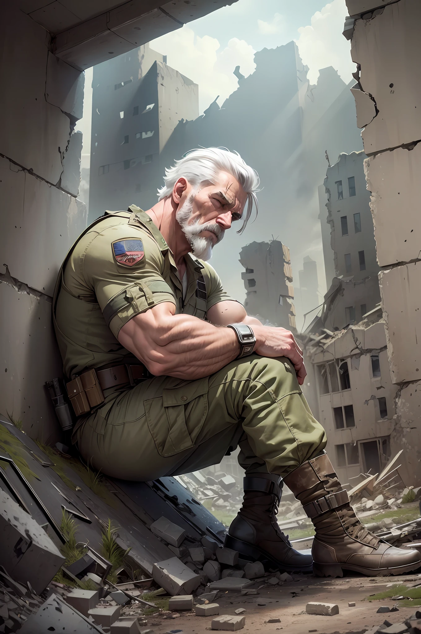 extremely detailed, detailed face, detailed muscle, (view full body), ((1man)), (object (big muscular old man soldier sitting resting in the ruins of the building, sad expression)), the old man is soldier and wearing soldier uniform, old man (facial hair, beaded, white beard, battel scar face, short hair, white hair, strong character, strong muscle), (background ((waster land, post-apocalypse, ruined city))),  (photography (50mm lens, cinematic, cinematic color)), The old soldier is sitting in the ruins of a building, resting and taking a moment to catch his breath. Despite the destruction around him, he seems at peace with the solitude and quietness of the wasteland. His eyes express a sense of determination and grit, evidence of his years of military training and combat experience. His heavy metal weapon is propped up against the wall, always within reach in case of danger