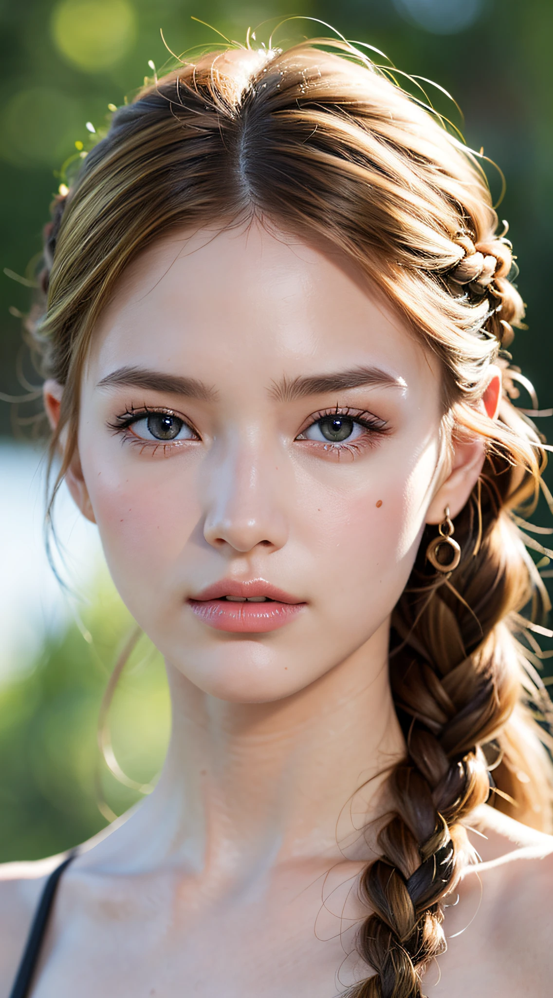 Caucasian model at 17 years old, close-up, masterpiece, top quality, raw photo, photorealistic, face, incredibly ridiculous, beautiful girl, cute, detailed eyes, one knot in braid, depth of field, high resolution, ultra detail, fine detail, highly detailed, highly detailed eyes and face, sharp pupils, realistic pupils, sharp focus, cinematic lighting , cohesive hairstyle, Blonde, Clean clothing, Face closeup, Masterpiece, Realistic skin texture, Ultra detailed, Lustrous hair and skin
