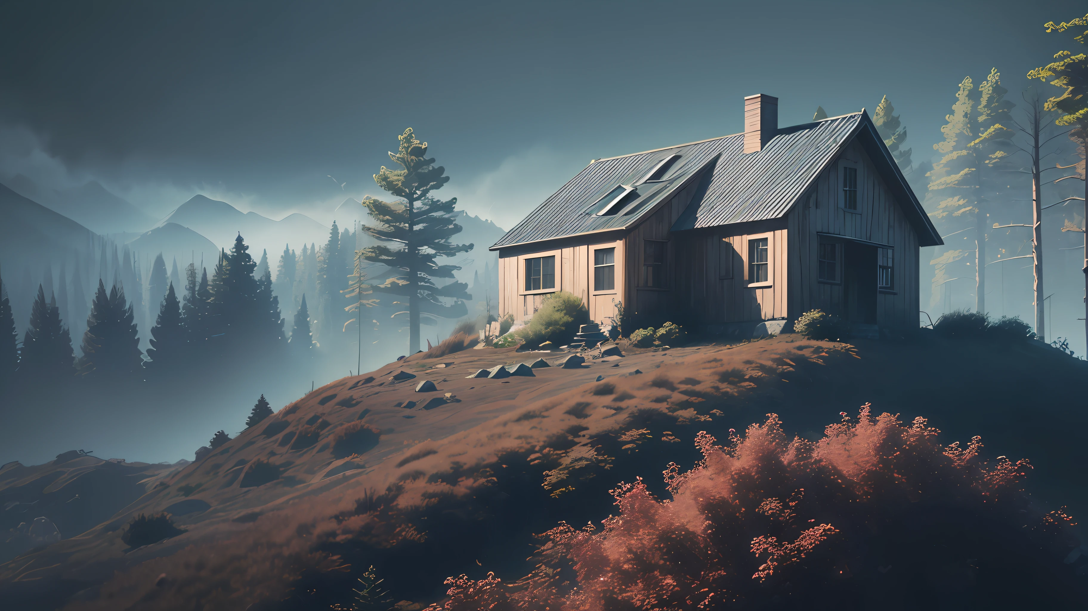 (High quality), (ultra realistic), A dark house isolated on a mountain in the middle of a shadowy forest --auto --s2