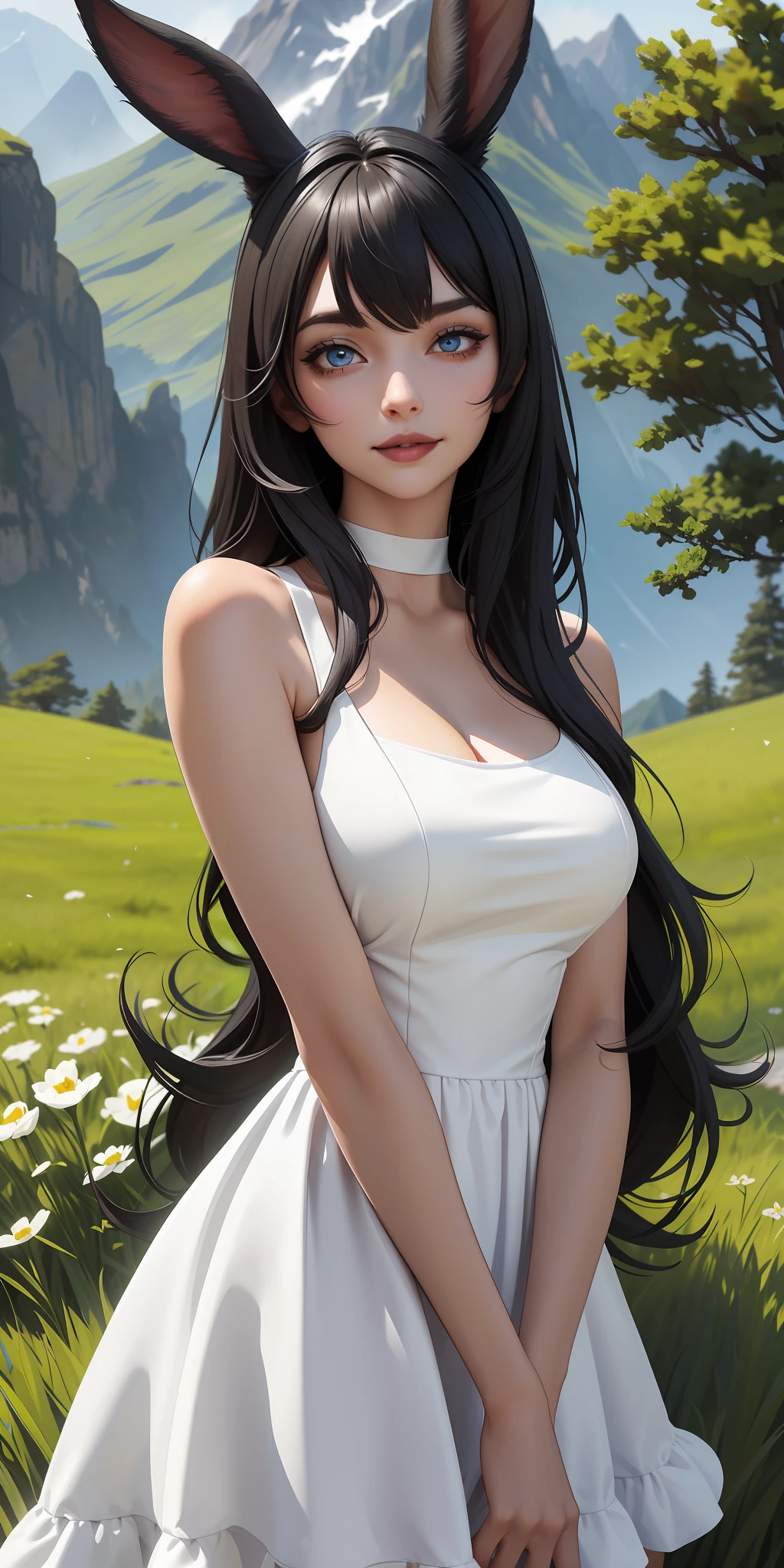 (masterpiece:1.2, best quality), (1lady, solo, upper body:1.2), big tits, shoulder length hair, Minimal dark makeup, Face close-up, Smile, black hair, blue eyes, black furry bunny ears, (((white dress))), (black lipstick), viera, final fantasy xiv, ((seductive)), nipple outline, ((bangs)), choker,
BREAK
Behind her, a green forest stretches out and beyond that, mountains rise in the distance.
BREAK
The most suitable effect for this scene would be a watercolor painting technique to capture the softness of the meadow and the fluidity of the movement.