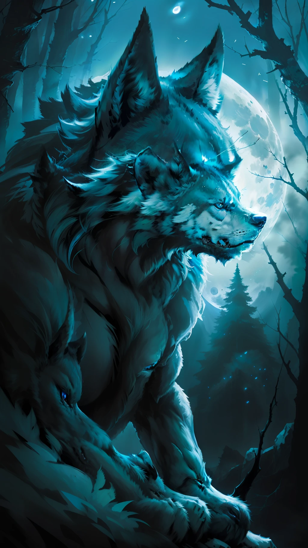 (Masterpiece detailed high image quality) "Black color with blue eyes" wolf dangerous forest, midnight, full moon. 1 solo lobe. ( Front angle of image) ( image open)