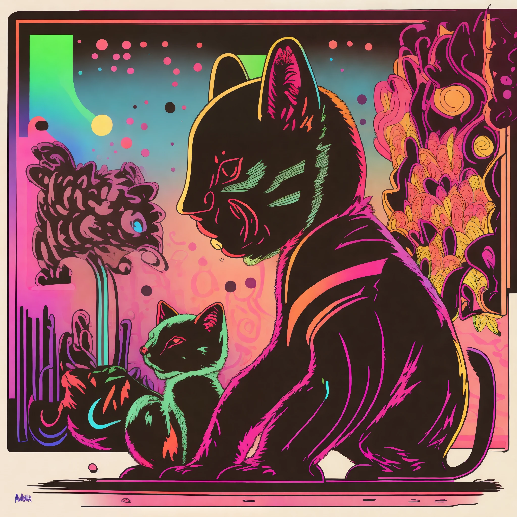 a drawing of a cat, neon colors, glowing, vector lines, graffiti in the background
