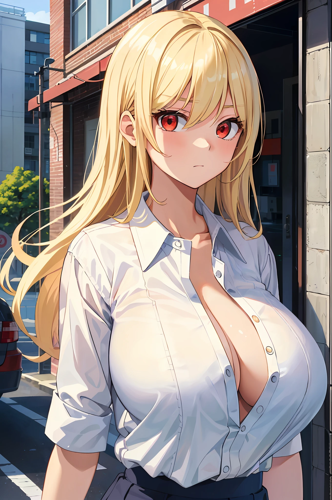 masterpiece, best quality, finely detailed, 1girl, (blonde), giant, embarrassed (bishoujo), cute, (red eyes), (eyelashes), (huge breasts), (neckline), (white shirt: 1.2), (open shirt), standing, on the side of a building, day, delicate interior design,