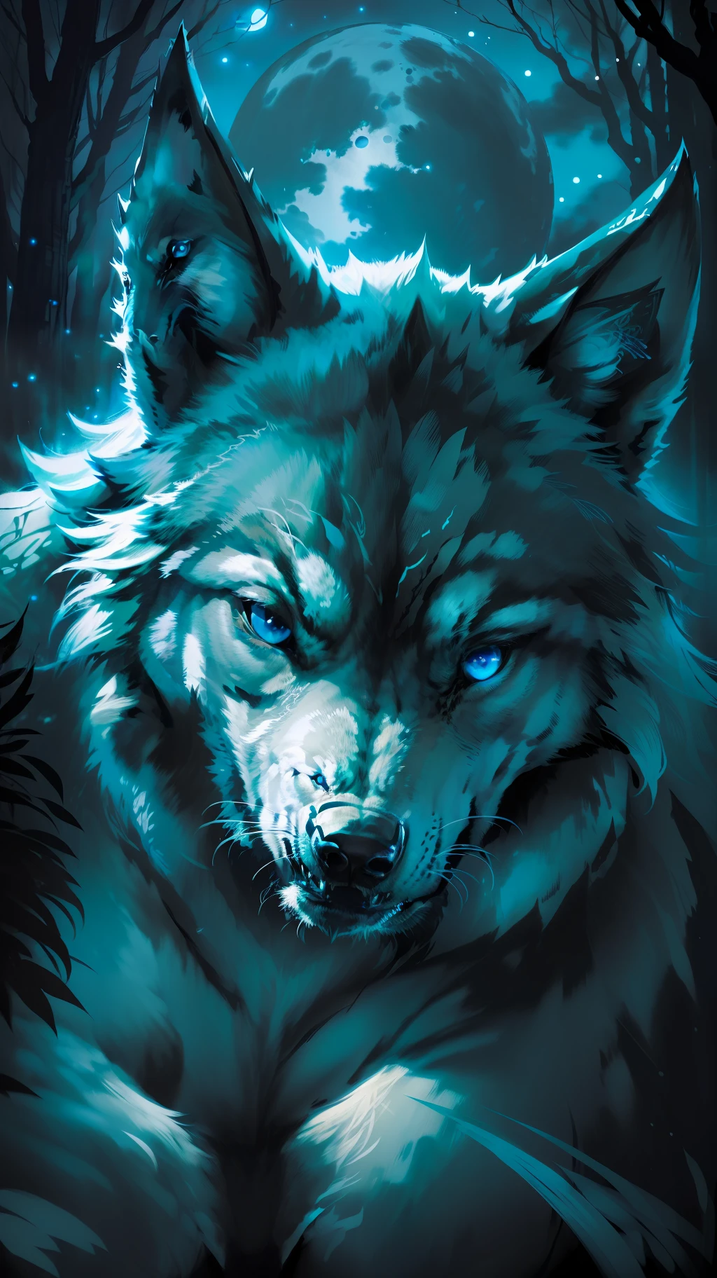 (Masterpiece detailed high image quality) "Black color with blue eyes" wolf dangerous forest, midnight, full moon. 1 solo lobe. ( Front angle of image) ( image open)