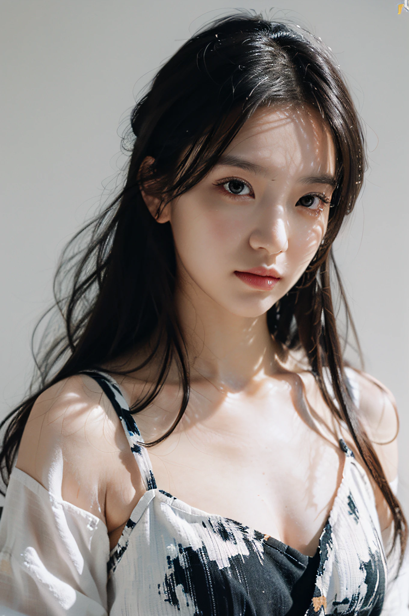Best Quality, Masterpiece, Ultra High Resolution, (Realistic: 1.4), Original Photo, Official Art, Wallpaper, Bust Photo, Solo, Skin, Simple Background, Black Eyes, Detail, Fashion, 1 Girl, Breeze, Pure white background, Studio light,