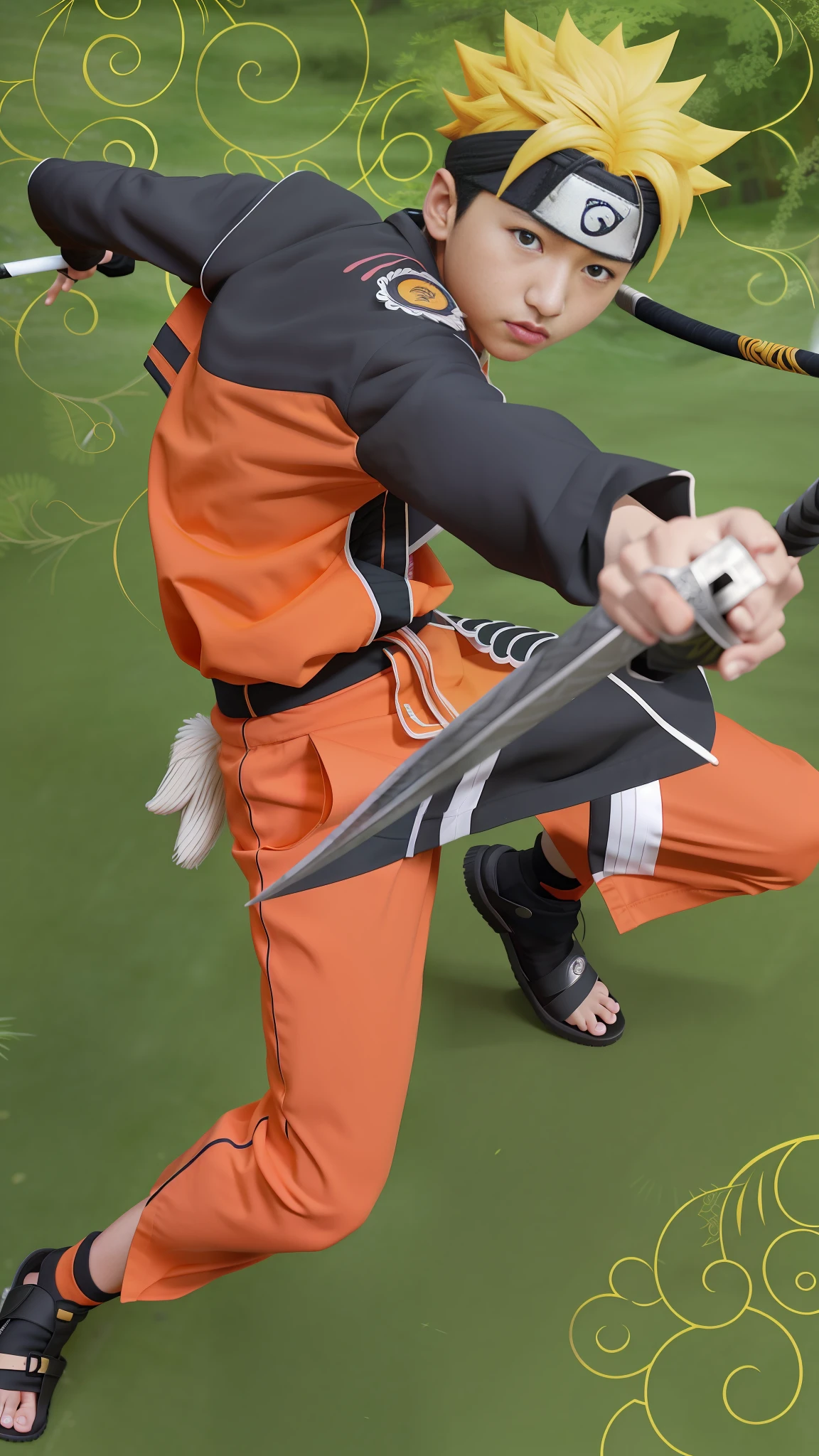 Live action as anime characters, masterpiece, ultra HD, super detail, photos, 8k, 3D, cinematic light and shadow, holding a sword in hand, green background, wielding kunai, Naruto pain, Naruto, Haruno Sakura in sage mode, strongest pose, clown as Naruto, dramatically-wielding katana pose, Haruno Sakura, Naruto art style, Hinata, Naruto Uzumaki