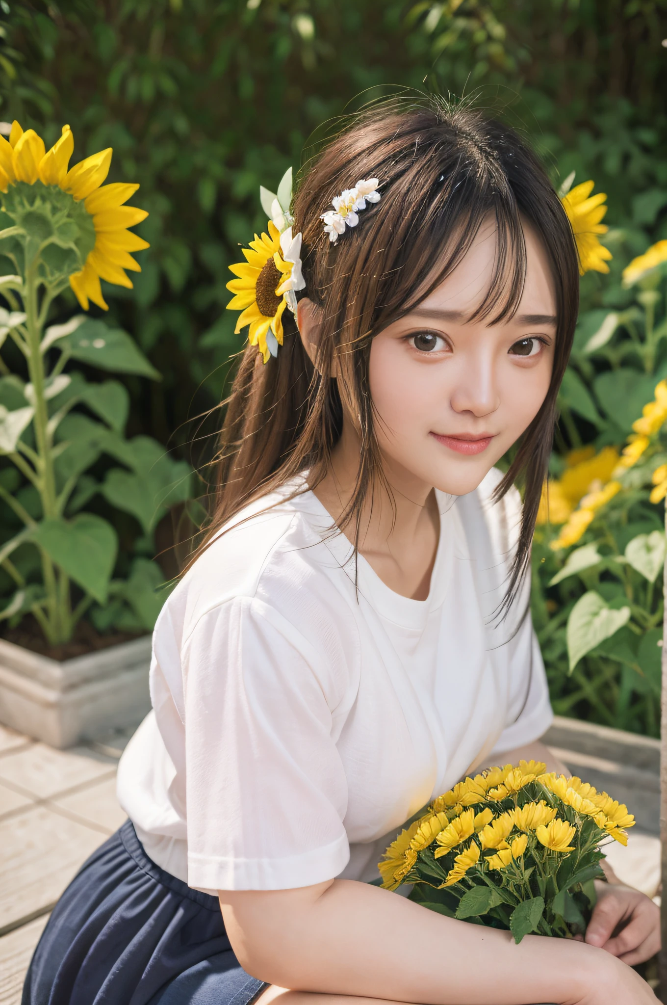 Girl sitting on the ground with a bouquet of flowers in her hand, sunflowers in the background, flowers around, hairstyle is double ball head, girl smile sweetly, yellow flowers around, full of flowers, girl in flowers, girl in flower field front, many flowers, cute, Surrealism, high detail, depth of field, cinematic lighting, sparkle, pov, UHD, super detail, high details, masterpiece, black hair, pink dress, white shirt
