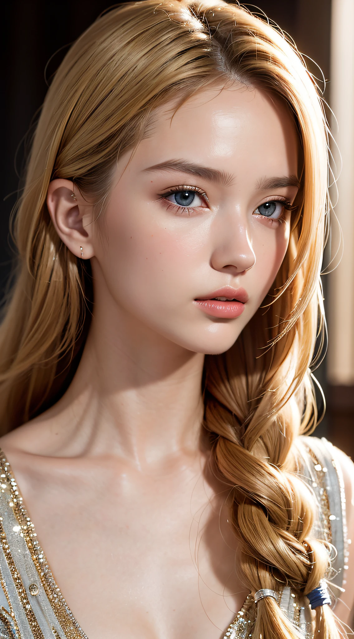 Caucasian model at 17 years old, close-up, masterpiece, top quality, raw photo, photorealistic, face, incredibly ridiculous, beautiful girl, cute, detailed eyes, one knot in braid, depth of field, high resolution, ultra detail, fine detail, highly detailed, highly detailed eyes and face, sharp pupils, realistic pupils, sharp focus, cinematic lighting , cohesive hairstyle, Blonde, Clean clothing, Face closeup, Masterpiece, Realistic skin texture, Ultra detailed, Lustrous hair and skin