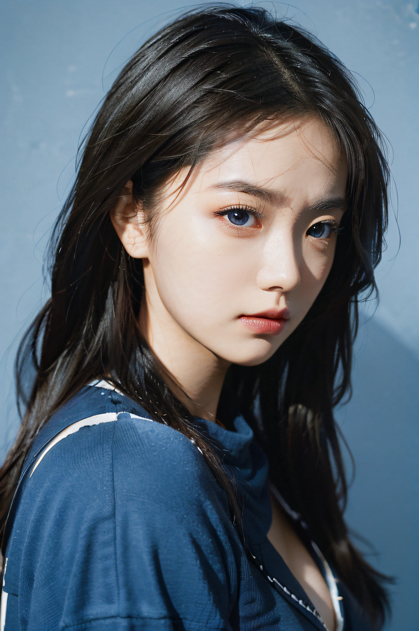 Best Quality, Masterpiece, Ultra High Resolution, (Realistic: 1.4), Original Photo, Official Art, Wallpaper, Bust Photo, Solo, Skin, Black Eyes, Detail, 1 Girl, Breeze, Studio, angry, (Pure blue background), Studio light, Make up Portrait,