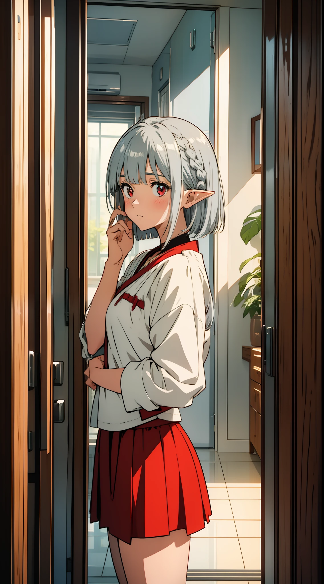 1 girl, elf, silver hair, bob cut, braid, red eyes, mini skirt, looking in the mirror, putting both hands on her face, embarrassed, blush, concept art, beautiful anime scene, beautiful anime scenery, top rating on pixiv, best quality, 4K