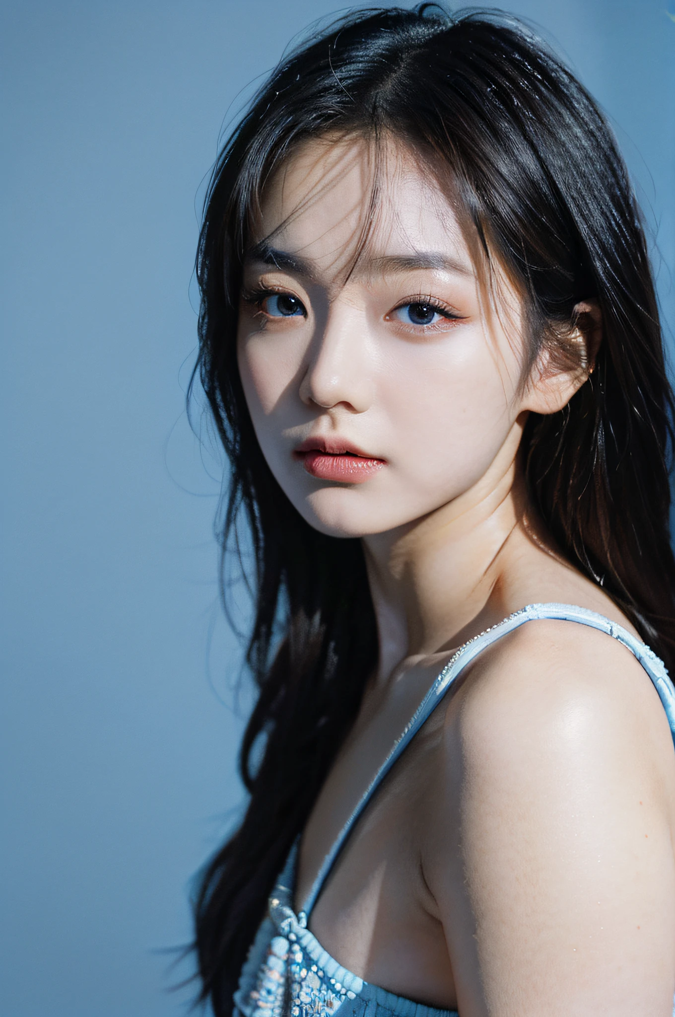 Best Quality, Masterpiece, Ultra High Resolution, (Realistic: 1.4), Original Photo, Official Art, Wallpaper, Bust Photo, Solo, Skin, Black Eyes, Detail, 1 Girl, Beautiful Facial Features, Breeze, Studio, angry, (Pure blue background), Studio light, Make up Portrait,