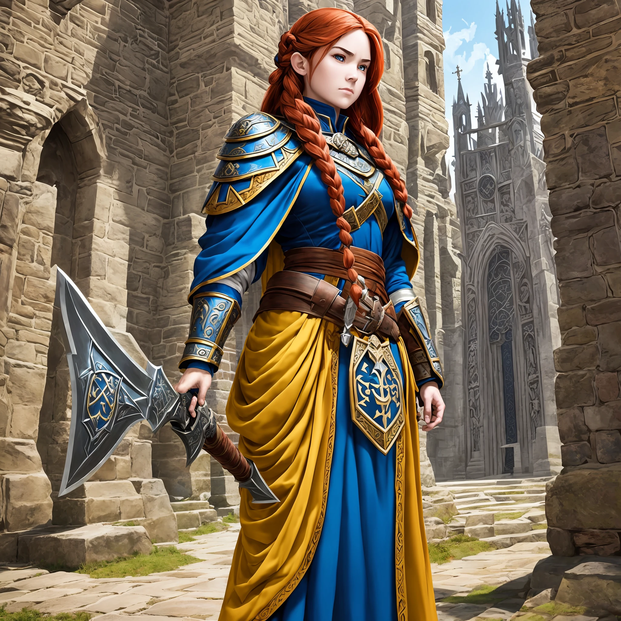 D&D art Full body, (Masterpiece, best quality). Female, dwarf (Masterpiece, best quality). Cleric, (Masterpiece, best quality) , with a long, braided red hair (Masterpiece, best quality). Armed in the right hand with a yellow, radiant sword, with runes on it (Masterpiece, intense details). Holding a shield in the left hand (Masterpiece, intense details). Wearing heavy Armor and shield (Masterpiece, intense details). Donning bellowing blue cloak with axe sigils (Masterpiece, intense details) with a cathedral background (Masterpiece, intense details) --auto --s2