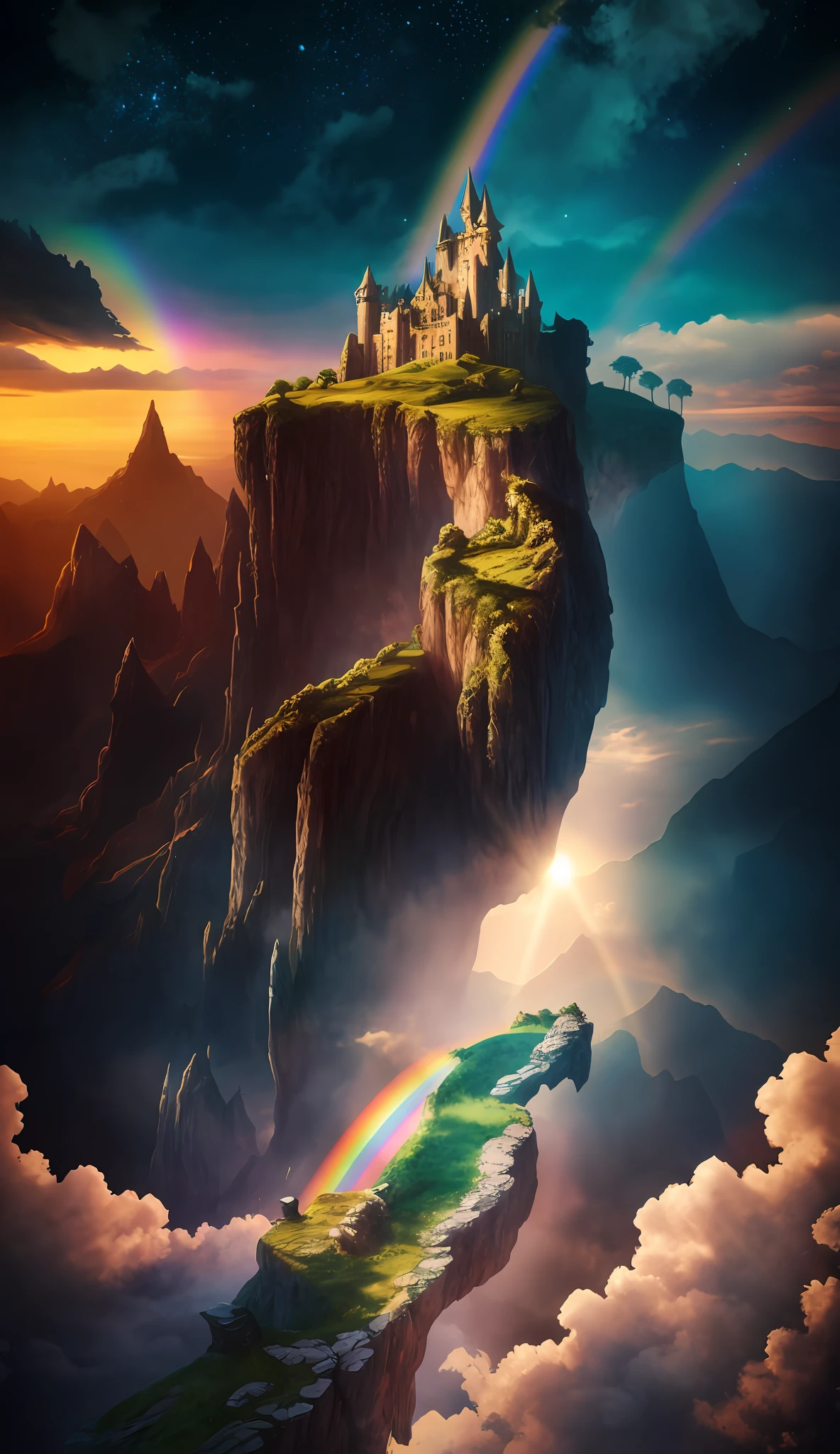 there is a castle on a cliff with a rainbow in the sky, epic dreamlike fantasy landscape, 4k highly detailed digital art, 4 k detail fantasy, impressive fantasy landscape, 4k fantasy art, epic fantasy digital art style, matte painting in fantasy style, epic fantasy landscape, high fantasy landscape, fantasy art behance, 8k fantasy art, fantasy landscape