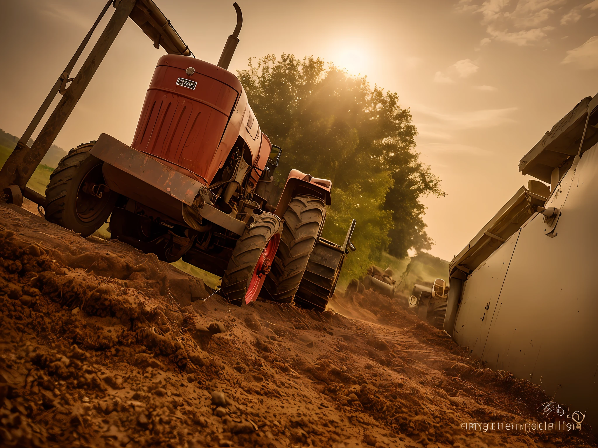 there is a red tractor parked on the side of a dirt road, photo taken in 2 0 2 0, captured with sony a3 camera, villagers busy farming, bottom angle, photo of poor condition, 1614572159, working hard, well built, very very low quality picture, taken with sony alpha 9
