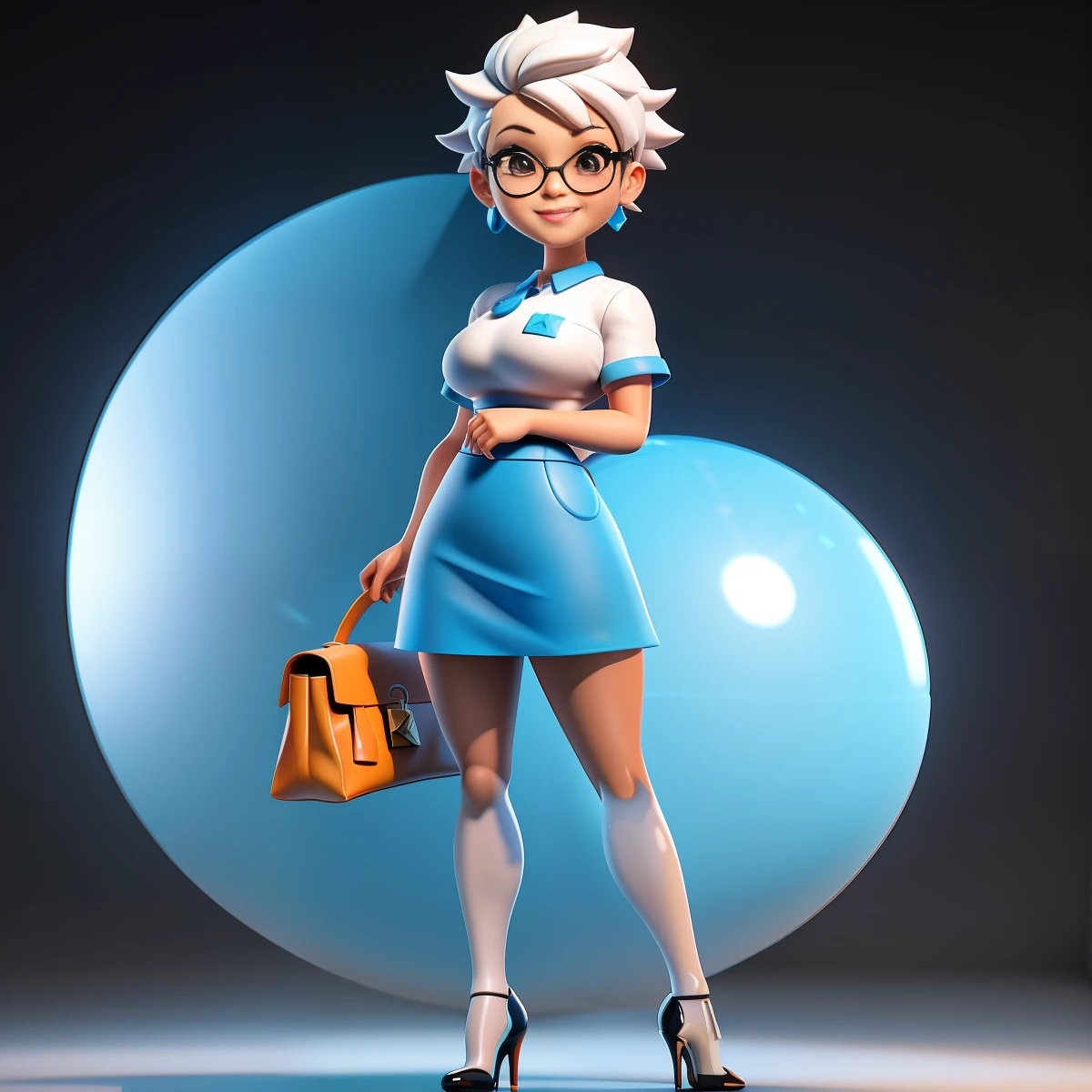 a close up of a cartoon character, Cute small humanoid Fashion HongKong old lady, professional manager, 59-years-old, huge head, black straight short hair, big breast, passionate,beauty, smile with very deep dimples,tall, fit, Sexy,wearing sun glasses,Wearing blue short T-shirt and white miniskirt , Wearing super high heels shoes, holding a hermes bag,Toy figures,(full body view), blank white backgroud, best quality, 3d cartoon,full body view, studio lighting,fantasy, dreamlike, surrealism, super cute, render of a cute 3d anime girl, cute 3 d render, 3 d render stylized, 3 d character, 3d character, 3 d character render, toon render keyshot, highly detailed character, cartoon character, cute cartoon character, female explorer mini cute girl, stylized 3d render,full body view, fantasy, dreamlike, surrealism, super cute,masterpiece,best quality, trending on artstation,cute 3 d render, 3 d render stylized, 3 d character, 3d character, 3 d character render, toon render keyshot, highly detailed character, cartoon character, cute cartoon character,