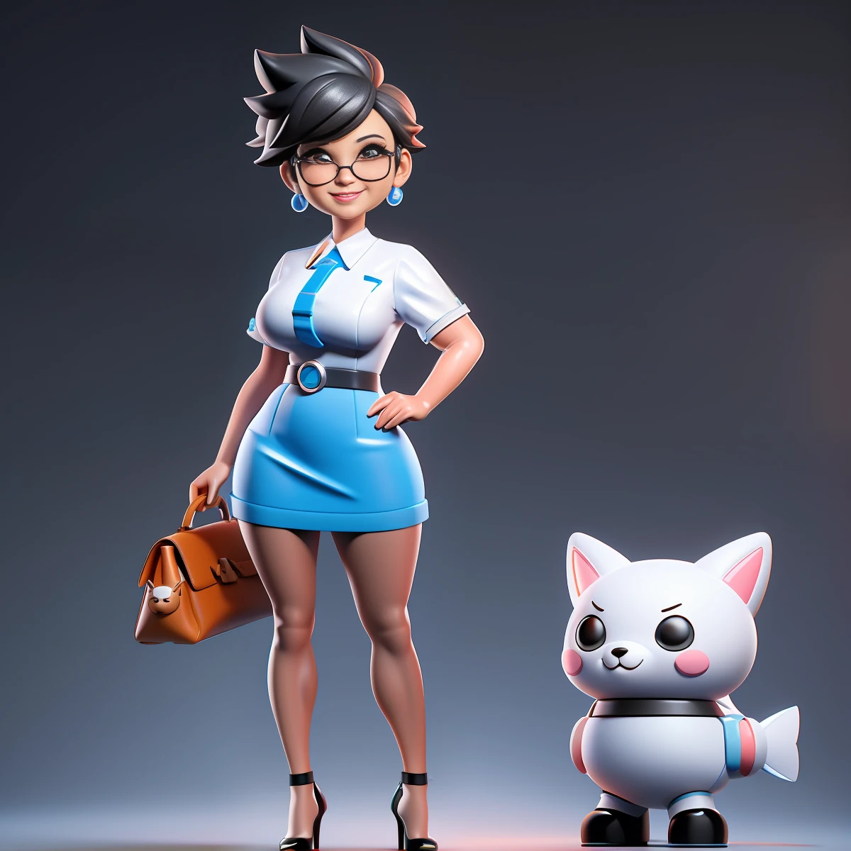 a close up of a cartoon character, Cute small humanoid Fashion HongKong old lady, professional manager, 59-years-old, huge head, black straight short hair, big breast, passionate，beauty, smile with very deep dimples，tall, fit, Sexy，wearing sun glasses,Wearing blue short T-shirt and white miniskirt , Wearing super high heels shoes, holding a hermes bag，Toy figures,(full body view), blank white backgroud, best quality, 3d cartoon，full body view, studio lighting，fantasy, dreamlike, surrealism, super cute, render of a cute 3d anime girl, cute 3 d render, 3 d render stylized, 3 d character, 3d character, 3 d character render, toon render keyshot, highly detailed character, cartoon character, cute cartoon character, female explorer mini cute girl, stylized 3d render,full body view, fantasy, dreamlike, surrealism, super cute,masterpiece,best quality, trending on artstation,cute 3 d render, 3 d render stylized, 3 d character, 3d character, 3 d character render, toon render keyshot, highly detailed character, cartoon character, cute cartoon character,