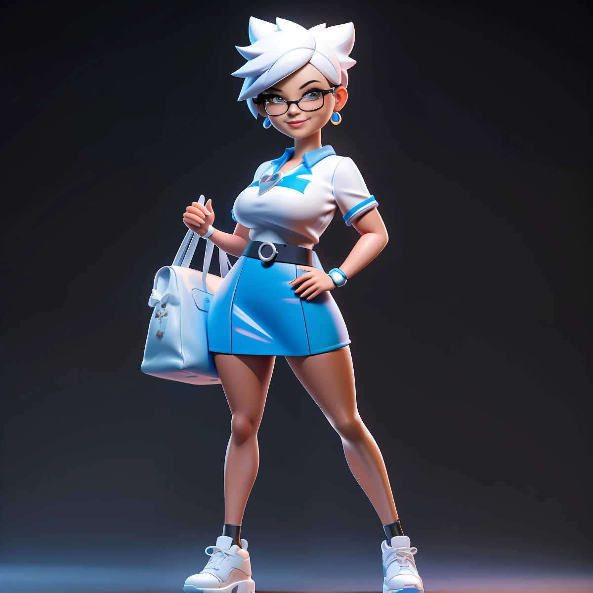a close up of a cartoon character, Cute small humanoid Fashion HongKong old lady, professional manager, 59-years-old, huge head, black straight short hair, big breast, passionate，beauty, smile with very deep dimples，tall, fit, Sexy，wearing sun glasses,Wearing blue short T-shirt and white miniskirt , Wearing super high heels shoes, holding a hermes bag，Toy figures,(full body view), blank white backgroud, best quality, 3d cartoon，full body view, studio lighting，fantasy, dreamlike, surrealism, super cute, render of a cute 3d anime girl, cute 3 d render, 3 d render stylized, 3 d character, 3d character, 3 d character render, toon render keyshot, highly detailed character, cartoon character, cute cartoon character, female explorer mini cute girl, stylized 3d render,full body view, fantasy, dreamlike, surrealism, super cute,masterpiece,best quality, trending on artstation,cute 3 d render, 3 d render stylized, 3 d character, 3d character, 3 d character render, toon render keyshot, highly detailed character, cartoon character, cute cartoon character,