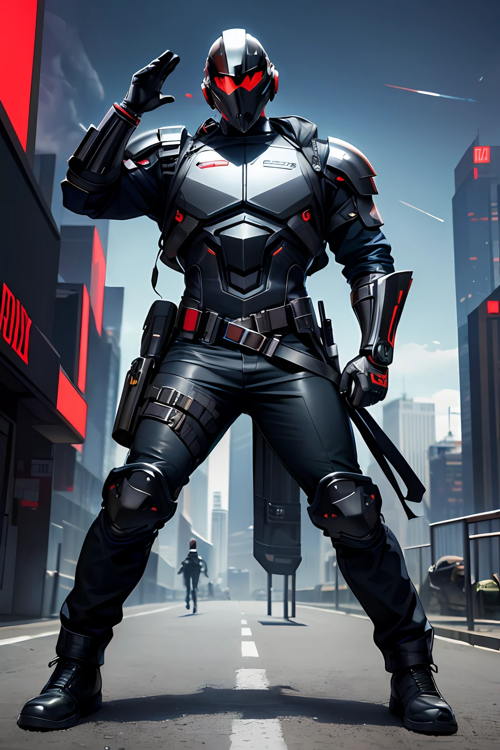 (masterpiece, high quality, 8K, full body) male, muscular male, muscle detail, faceless, faceless male, masked, helmet, cyberpunk mask, cyberpunk helmet, helmet covering all of face, googly eyes on helmet, engineer outfit, safety jacket, longpants, gloves, safety belts, boots, dynamic pose, machine background