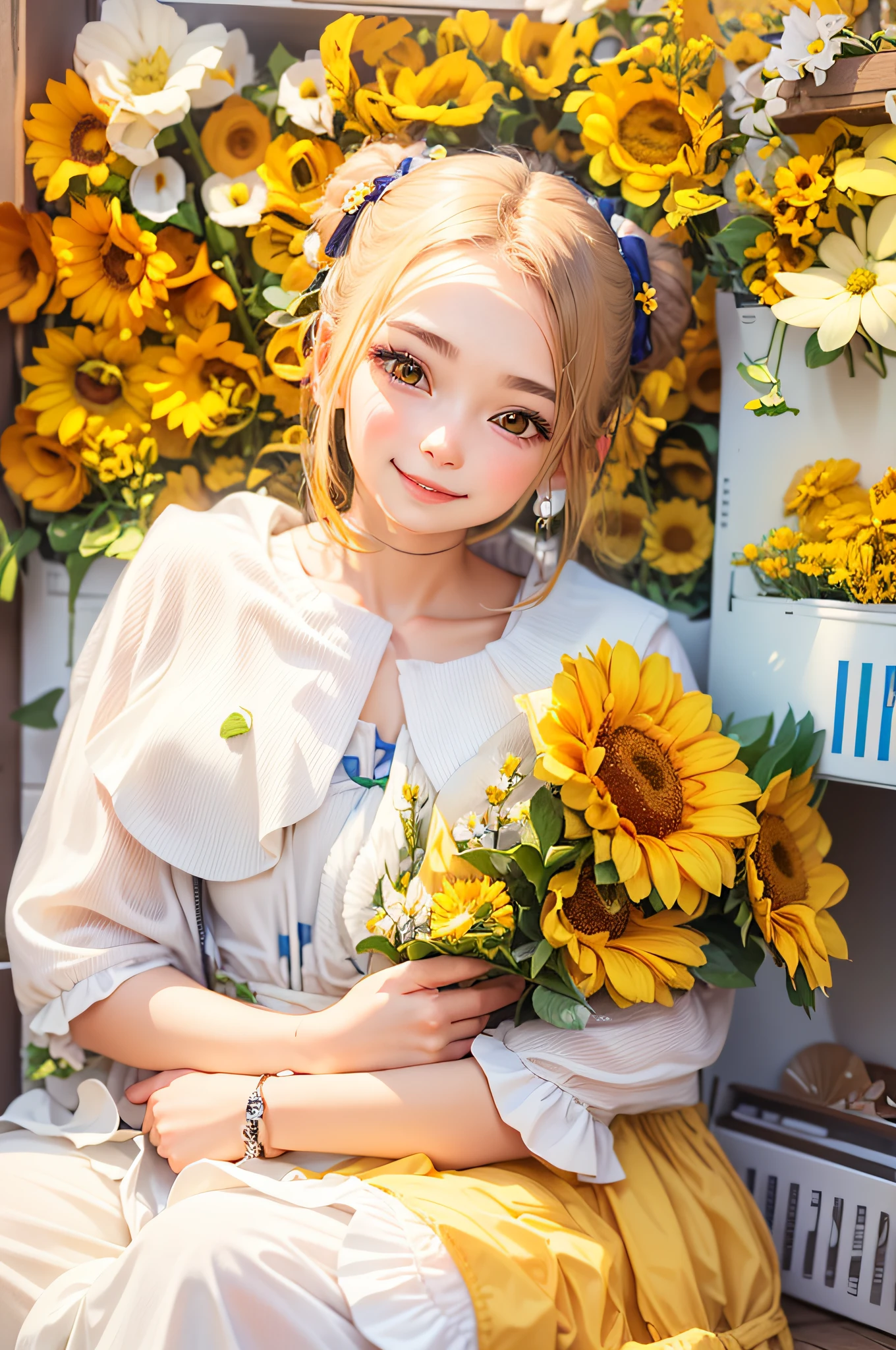 Girl sitting on the ground with a bouquet of flowers in her hand, sunflowers in the background, flowers around, hairstyle is double ball head, girl smiling sweetly, beautiful sunflower anime girl, surrounded by yellow flowers, full of flowers, girl in flowers, girl in flower field front, many flowers, cute