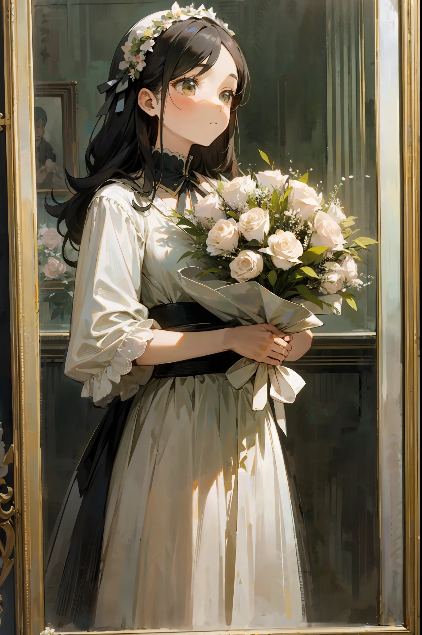 Top quality, woman giving bouquet of flowers, pastel, soft atmosphere, staring at us, Goya