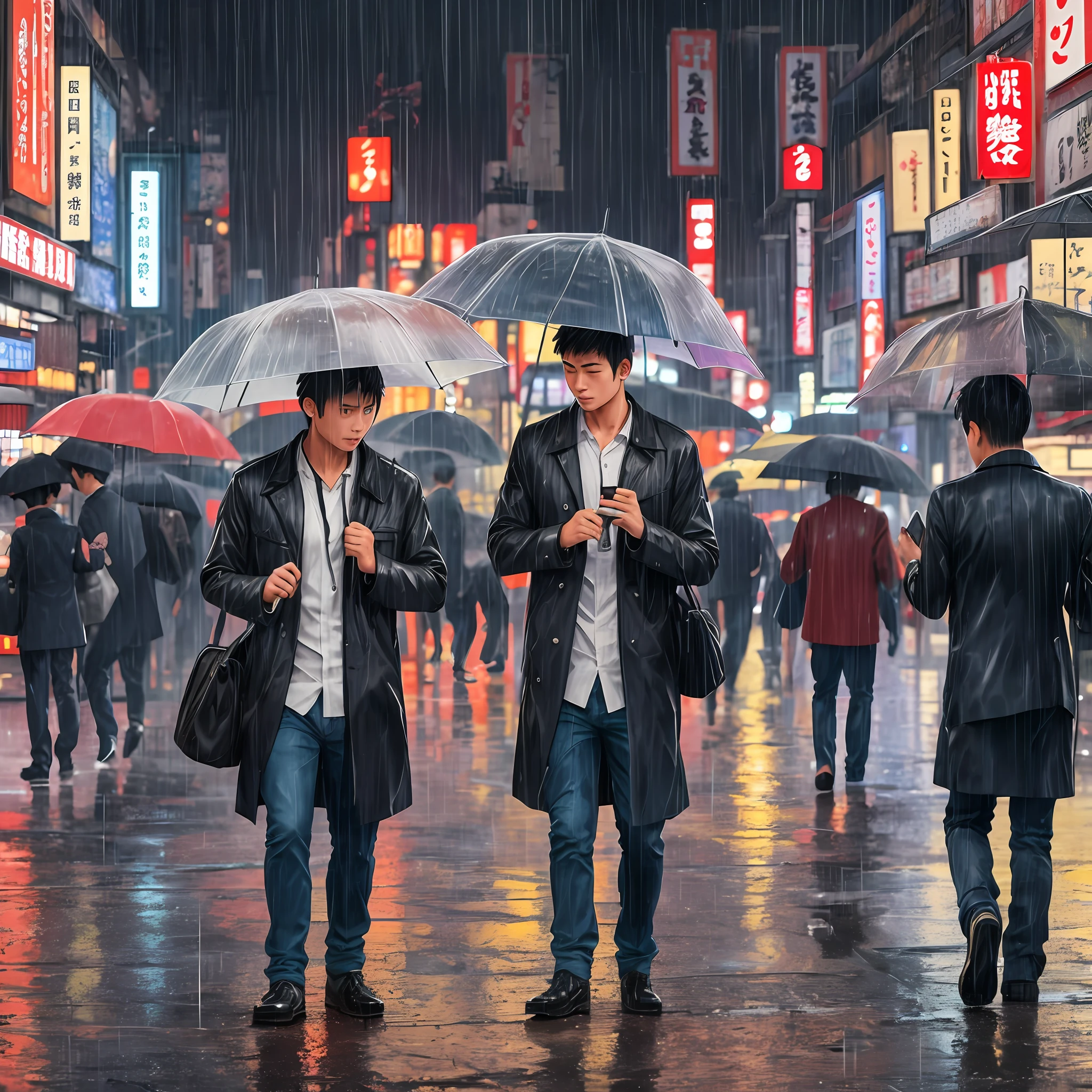 Young man, drunk collapsing and young man, standing in the rain, trading dubious parcels, Tokyo night street, ultra realistic rendering, ultra realistic images, ultra realistic illustration, urban rain, kabukicho city, tokyo night --auto --s2