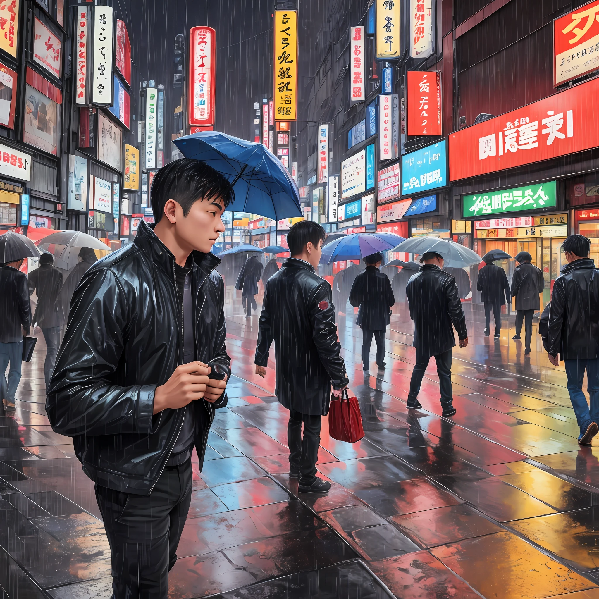 Young man, drunk collapsing and young man, standing in the rain, trading dubious parcels, Tokyo night street, ultra realistic rendering, ultra realistic images, ultra realistic illustration, urban rain, kabukicho city, tokyo night --auto --s2