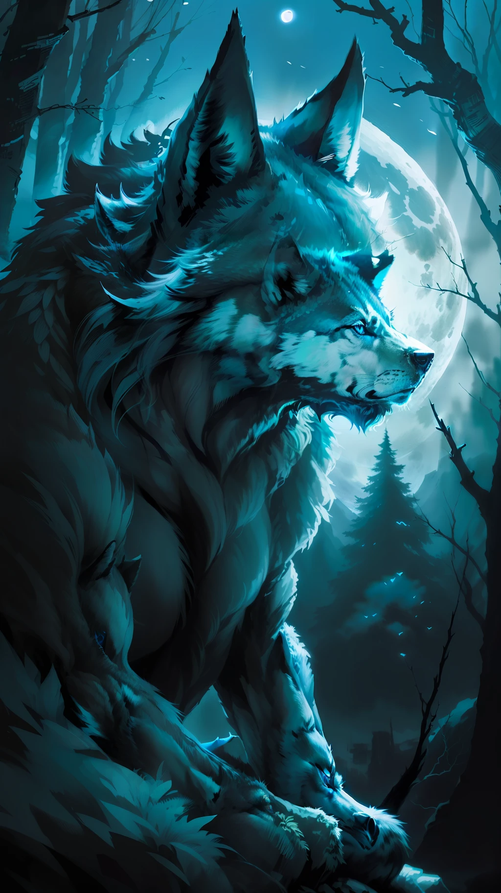 (Masterpiece detailed high image quality) "Black color with blue eyes" wolf dangerous forest, midnight, full moon. 1 solo lobe. ( Front angle of image) ( image open)