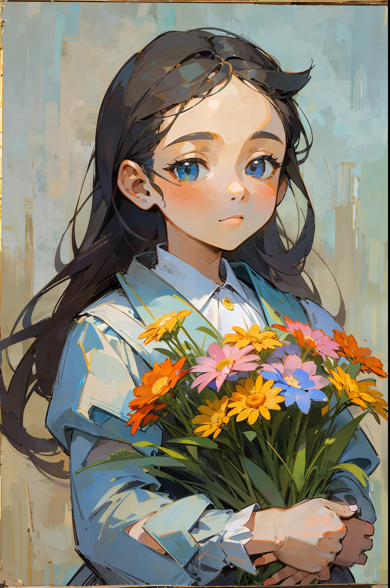 Top quality, woman giving bouquet of flowers, pastel, soft atmosphere, staring at us, Cezanne