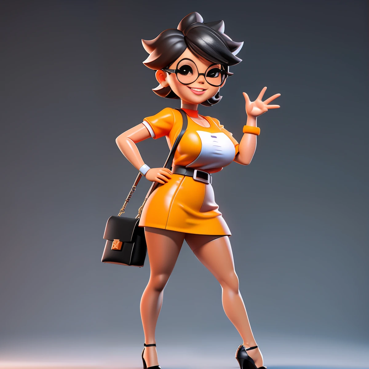 a close up of a cartoon character, Cute small humanoid Fashion HongKong old lady, professional manager, 59-years-old, huge head, black straight short hair, big breast, passionate，beauty, smile with very deep dimples，tall, fit, Sexy，wearing sun glasses,Wearing orange short T-shirt and white miniskirt , Wearing super high heels shoes, holding a hermes bag，Toy figures,(full body view), blank white backgroud, best quality, 3d cartoon，full body view, studio lighting，fantasy, dreamlike, surrealism, super cute, render of a cute 3d anime girl, cute 3 d render, 3 d render stylized, 3 d character, 3d character, 3 d character render, toon render keyshot, highly detailed character, cartoon character, cute cartoon character, female explorer mini cute girl, stylized 3d render,full body view, fantasy, dreamlike, surrealism, super cute,masterpiece,best quality, trending on artstation,cute 3 d render, 3 d render stylized, 3 d character, 3d character, 3 d character render, toon render keyshot, highly detailed character, cartoon character, cute cartoon character,