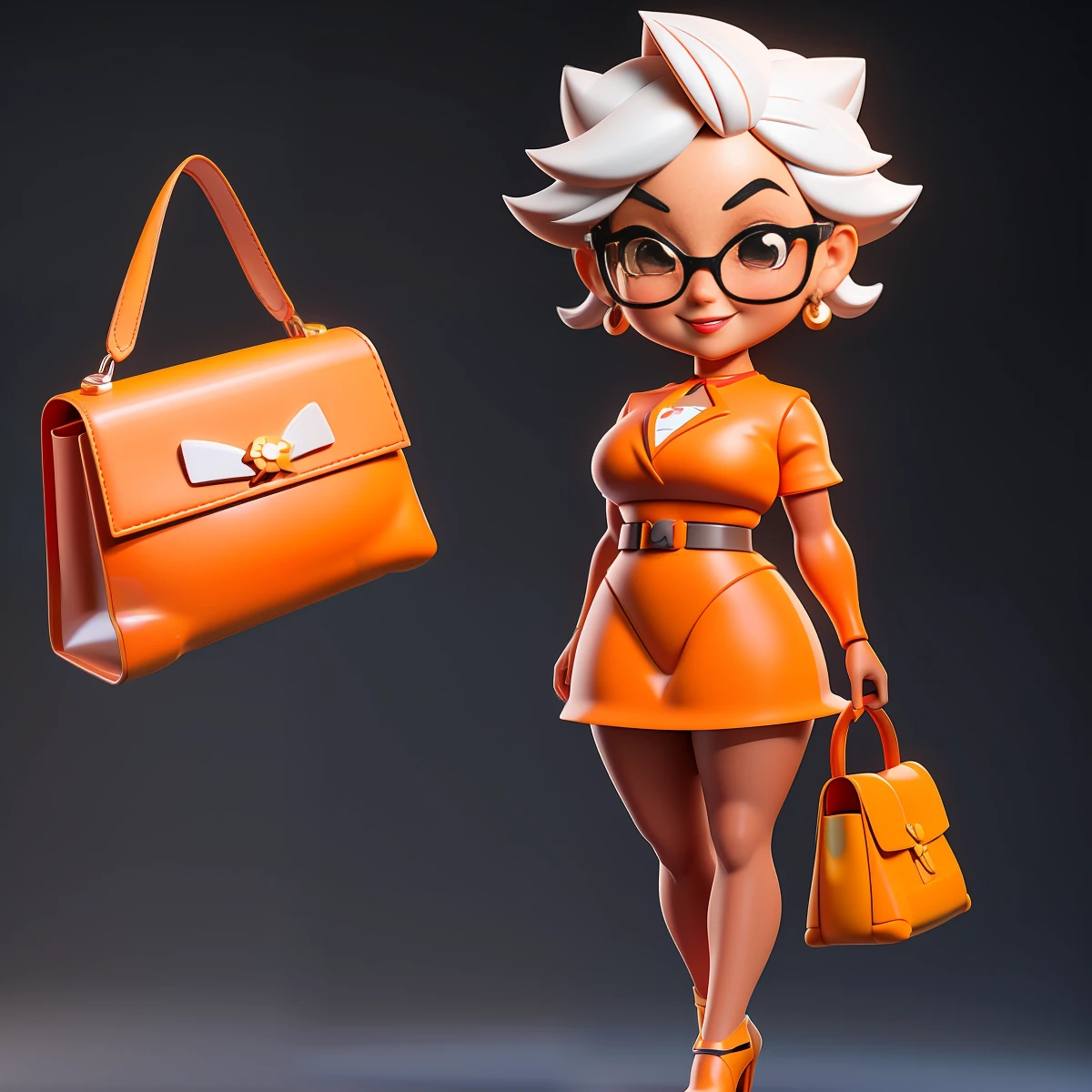 a close up of a cartoon character, Cute small humanoid Fashion HongKong old lady, professional manager, 59-years-old, huge head, black straight short hair, big breast, passionate，beauty, smile with very deep dimples，tall, fit, Sexy，wearing sun glasses,Wearing orange short T-shirt and white miniskirt , Wearing super high heels shoes, holding a hermes bag，Toy figures,(full body view), blank white backgroud, best quality, 3d cartoon，full body view, studio lighting，fantasy, dreamlike, surrealism, super cute, render of a cute 3d anime girl, cute 3 d render, 3 d render stylized, 3 d character, 3d character, 3 d character render, toon render keyshot, highly detailed character, cartoon character, cute cartoon character, female explorer mini cute girl, stylized 3d render,full body view, fantasy, dreamlike, surrealism, super cute,masterpiece,best quality, trending on artstation,cute 3 d render, 3 d render stylized, 3 d character, 3d character, 3 d character render, toon render keyshot, highly detailed character, cartoon character, cute cartoon character,