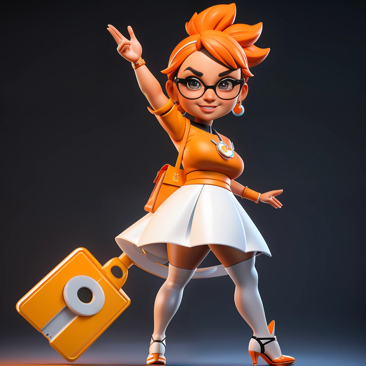 a close up of a cartoon character, Cute small humanoid Fashion HongKong old lady, professional manager, 59-years-old, huge head, black straight short hair, big breast, passionate，beauty, smile with very deep dimples，tall, fit, Sexy，wearing sun glasses,Wearing orange short T-shirt and white miniskirt , Wearing super high heels shoes, holding a hermes bag，Toy figures,(full body view), blank white backgroud, best quality, 3d cartoon，full body view, studio lighting，fantasy, dreamlike, surrealism, super cute, render of a cute 3d anime girl, cute 3 d render, 3 d render stylized, 3 d character, 3d character, 3 d character render, toon render keyshot, highly detailed character, cartoon character, cute cartoon character, female explorer mini cute girl, stylized 3d render,full body view, fantasy, dreamlike, surrealism, super cute,masterpiece,best quality, trending on artstation,cute 3 d render, 3 d render stylized, 3 d character, 3d character, 3 d character render, toon render keyshot, highly detailed character, cartoon character, cute cartoon character,