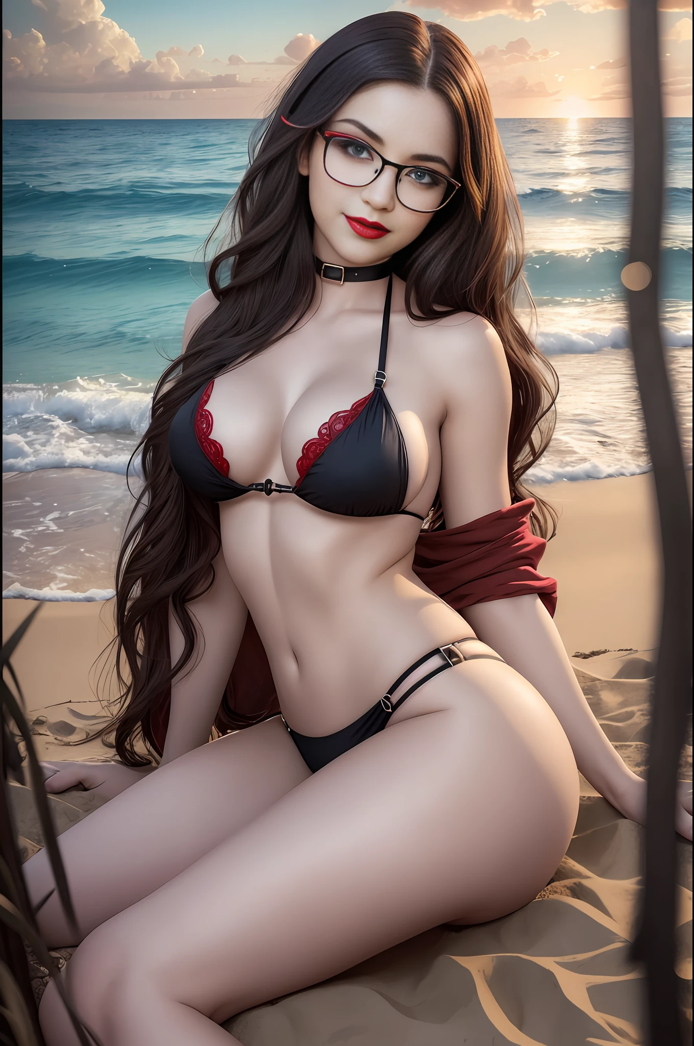 absurdres, RAW photo, highest quality, (masterpiece: 1.3), high detail RAW color photo, professional photo, extremely detailed CG 8k wallpaper unit, photo-realistic, realistic, RAW photo, masterpiece, best quality, highres, illustration,
1girl, 22 YEARS OLD, short, white, brown hair, Average length, thin legs, perfect gorgeous face, bright red lipstick, beautiful realistic eyes, round metal glasses, pale skin, detailed skin texture, natural large breasts. Smile. She looks amazing. Showing his ass. Gothic style.
(Micro bikini. simple design), Beach. Sun.